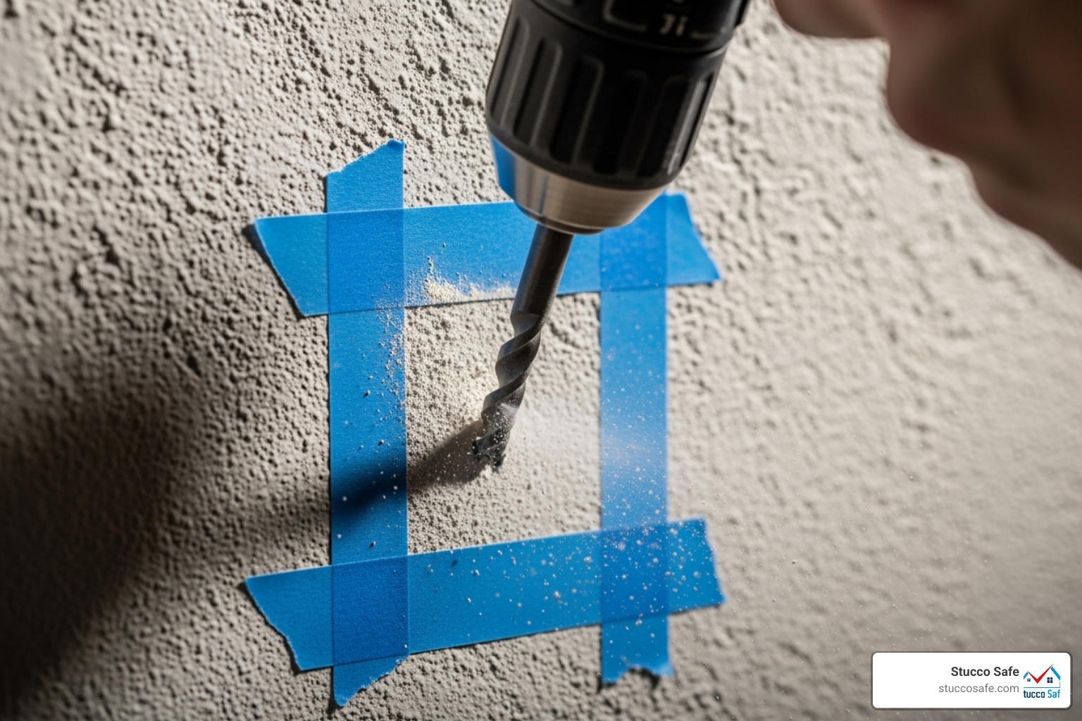 A close-up image showing a power drill equipped with a masonry bit, actively drilling a pilot hole into a stucco wall. A strip of blue painter's tape is visible around the drilling area to help prevent cracking and chipping. - how to install anchors in stucco