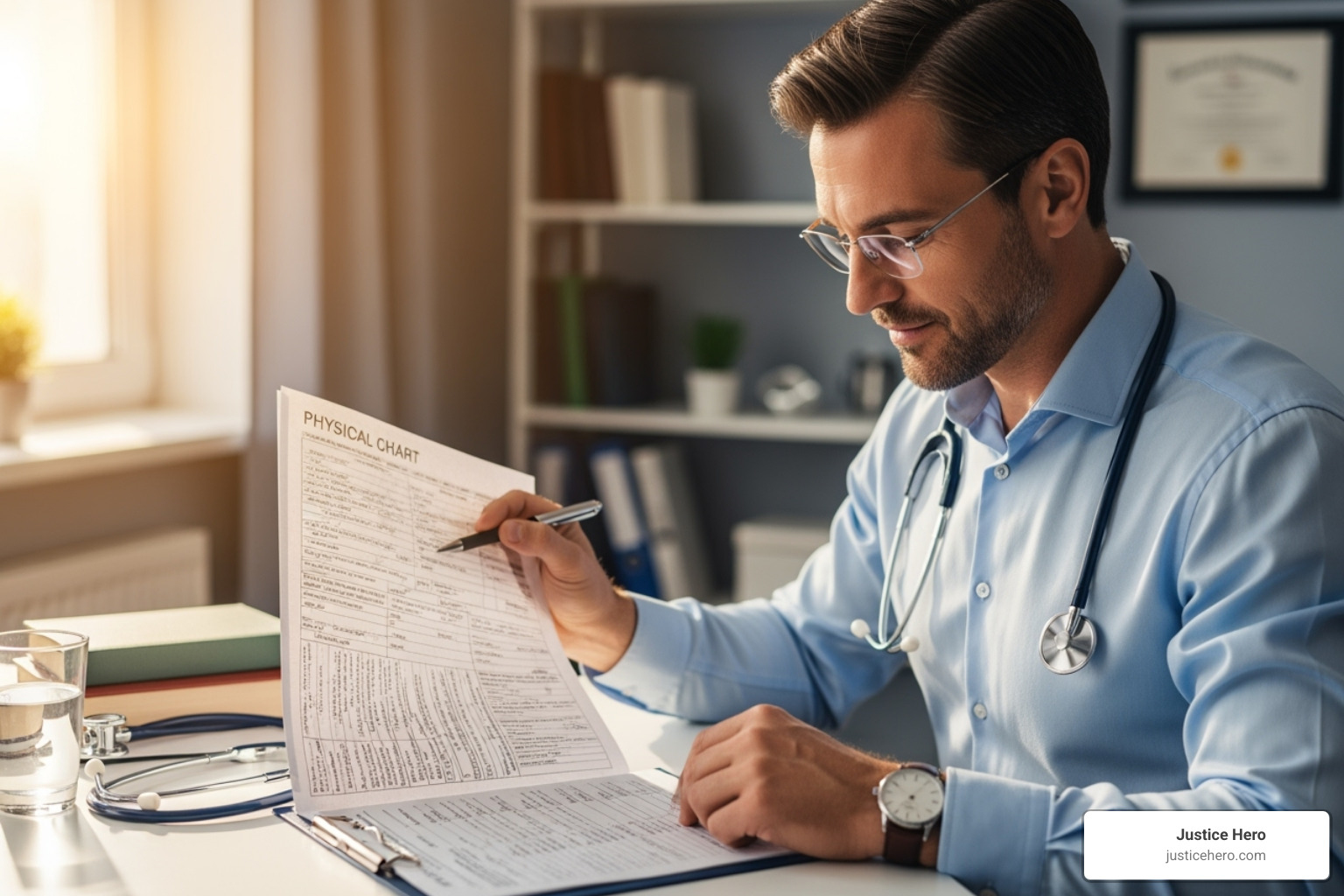 doctor reviewing medical chart - firefighter foam lawsuit qualifications