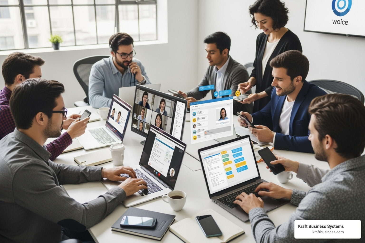Image of a team collaborating using various communication tools, including video conferencing, chat, and voice calls, all integrated into a single platform - business voip system provider