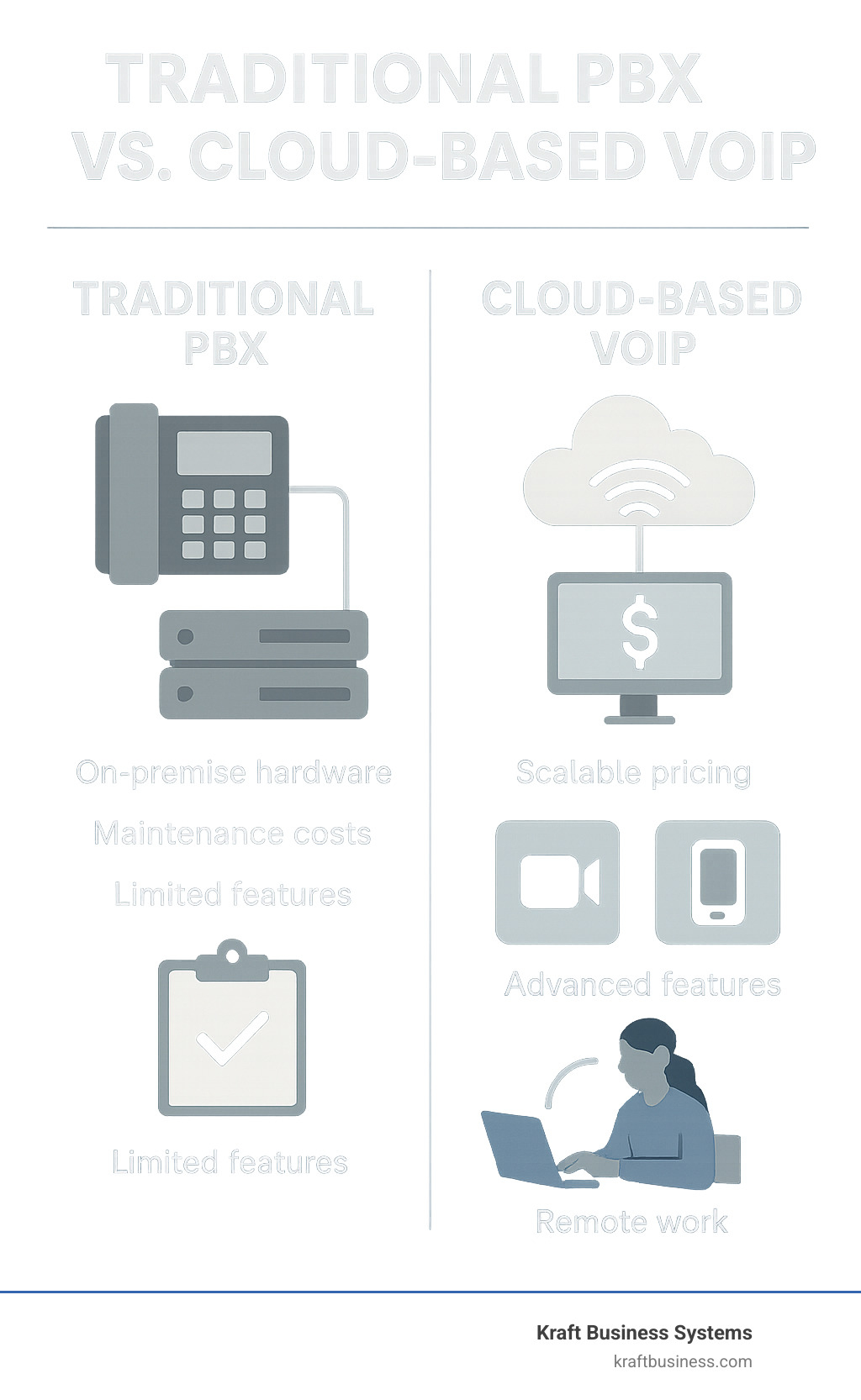 Infographic comparing traditional PBX phone systems with on-premise hardware, maintenance costs, and limited features versus cloud-based VoIP systems showing internet connectivity, scalable pricing, advanced features like video calling and mobile apps, and remote work capabilities - business voip system provider infographic 