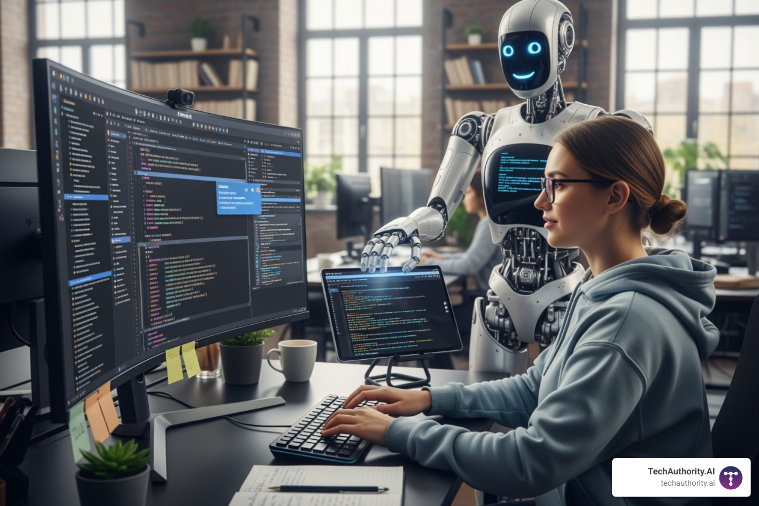 developer and an AI robot working together at a computer - how ai debugging tools are reshaping wordpress development