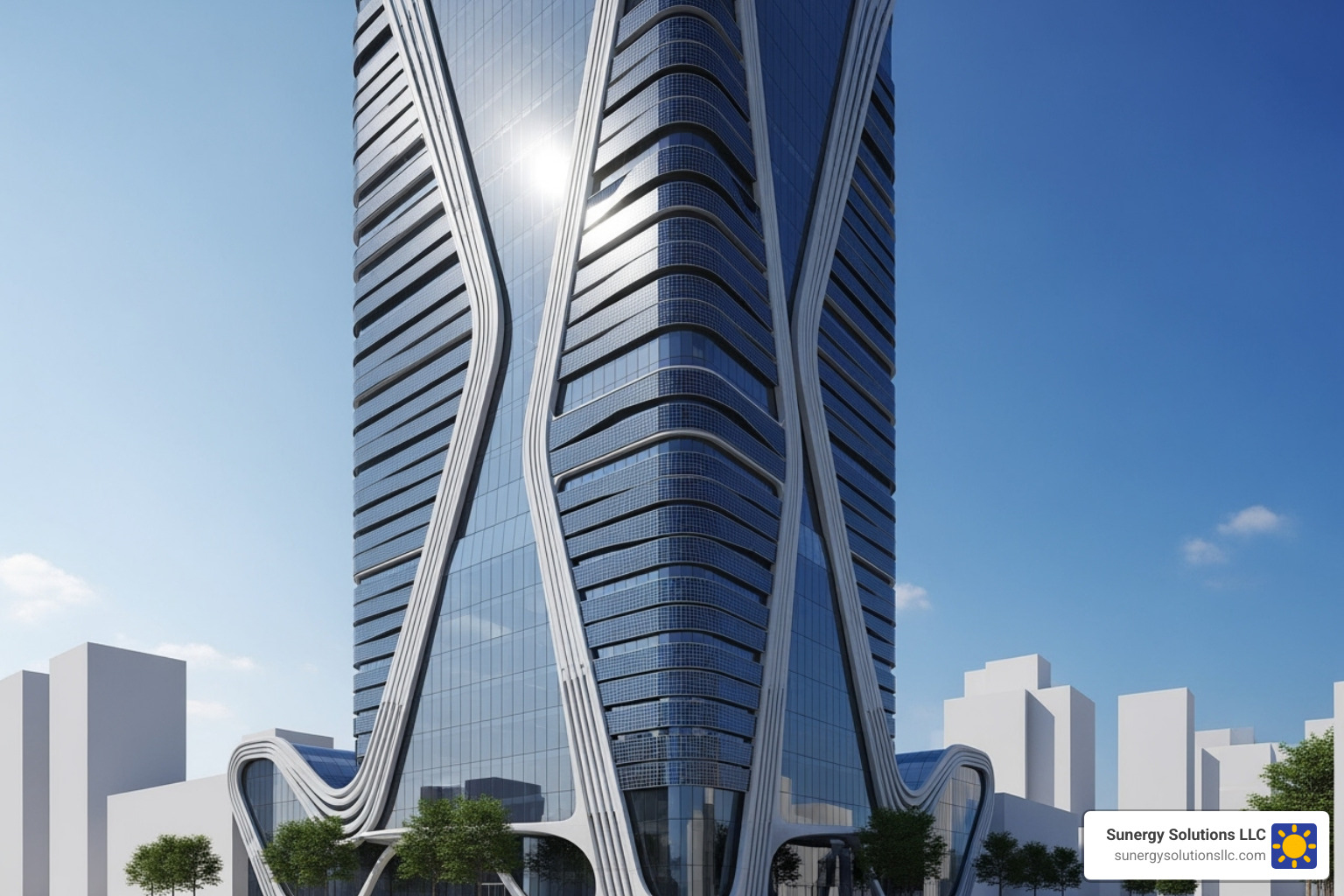 futuristic concept of integrated solar technology in a building's facade - high efficiency solar panels futuristic concept of integrated solar technology in a building's facade - high efficiency solar panels