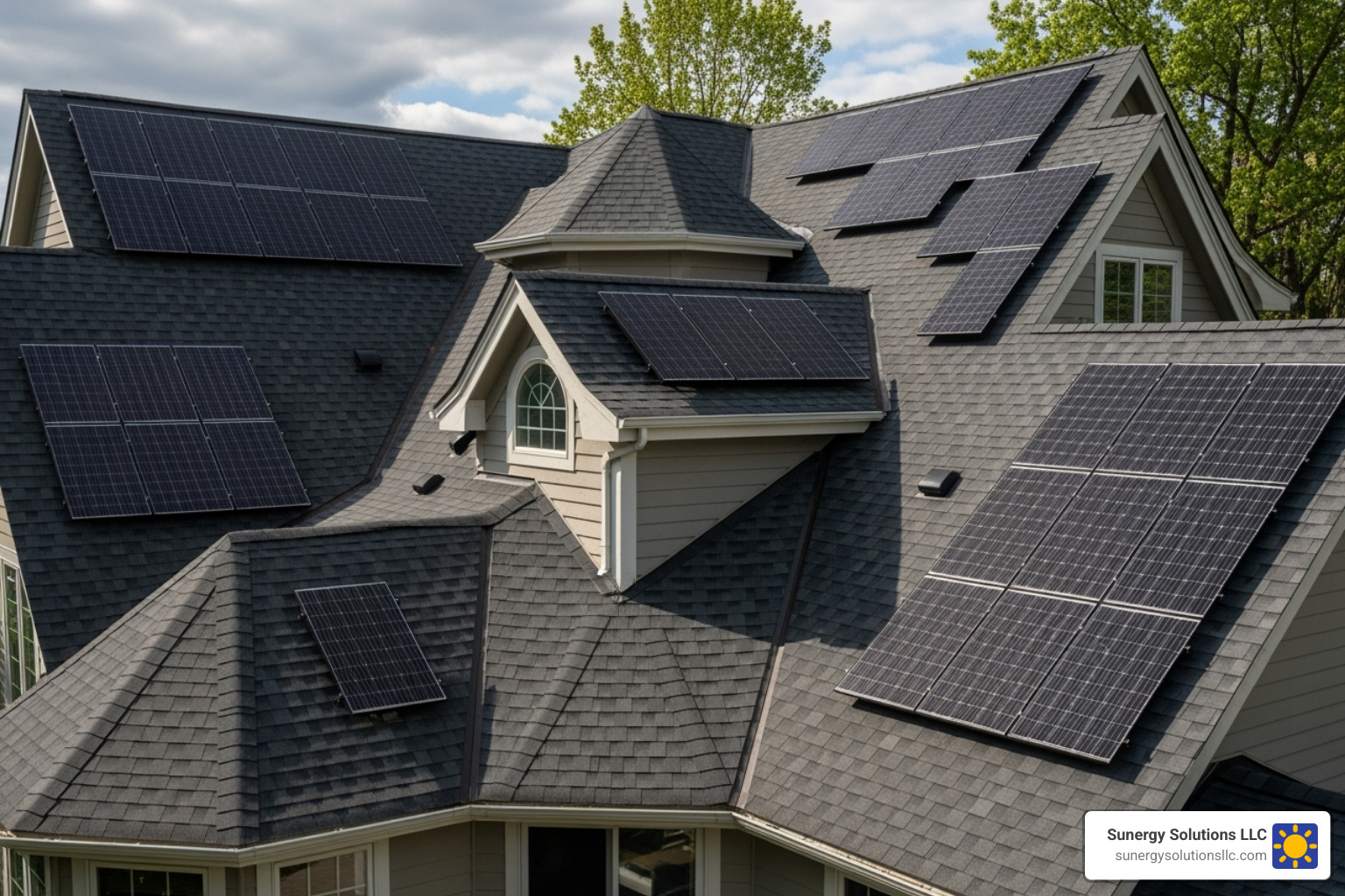 small or complex-shaped roof with solar panels neatly fitted to maximize space - high efficiency solar panels small or complex-shaped roof with solar panels neatly fitted to maximize space - high efficiency solar panels