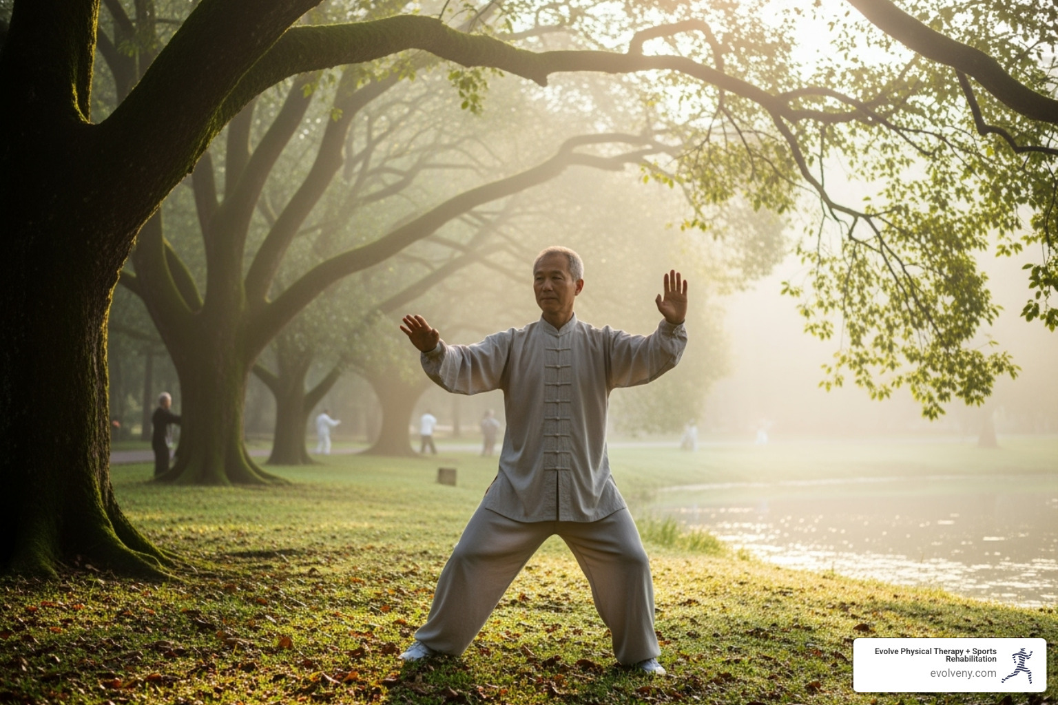 An older adult practicing Tai Chi in a serene park setting - exercise for older adults