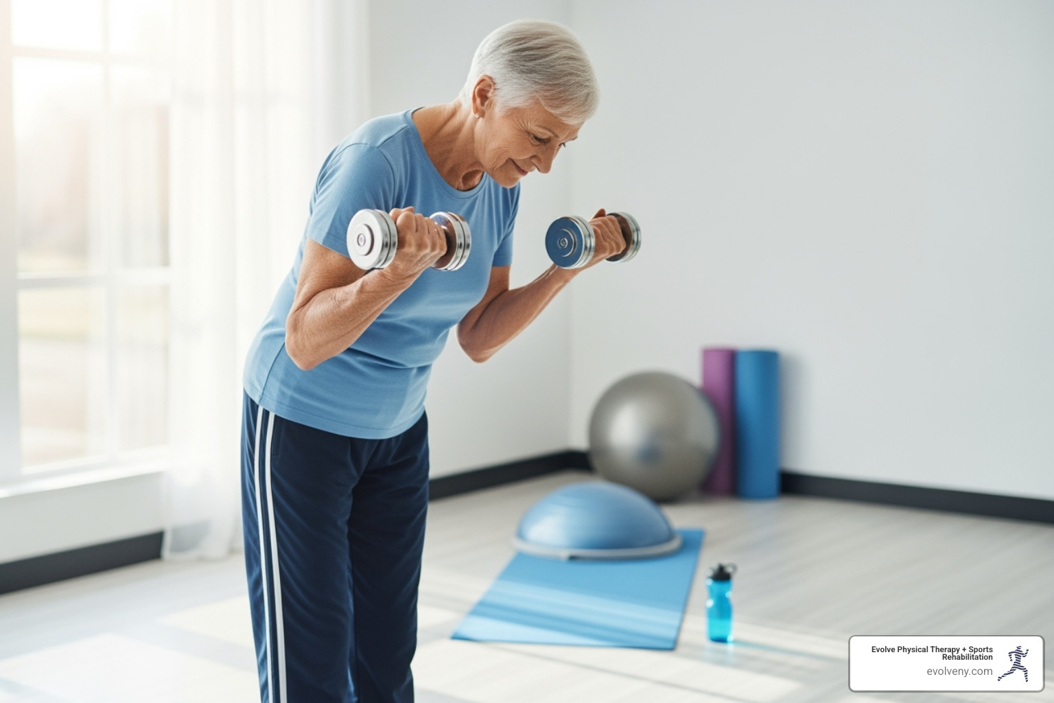 A senior lifting light weights with good form - exercise for older adults