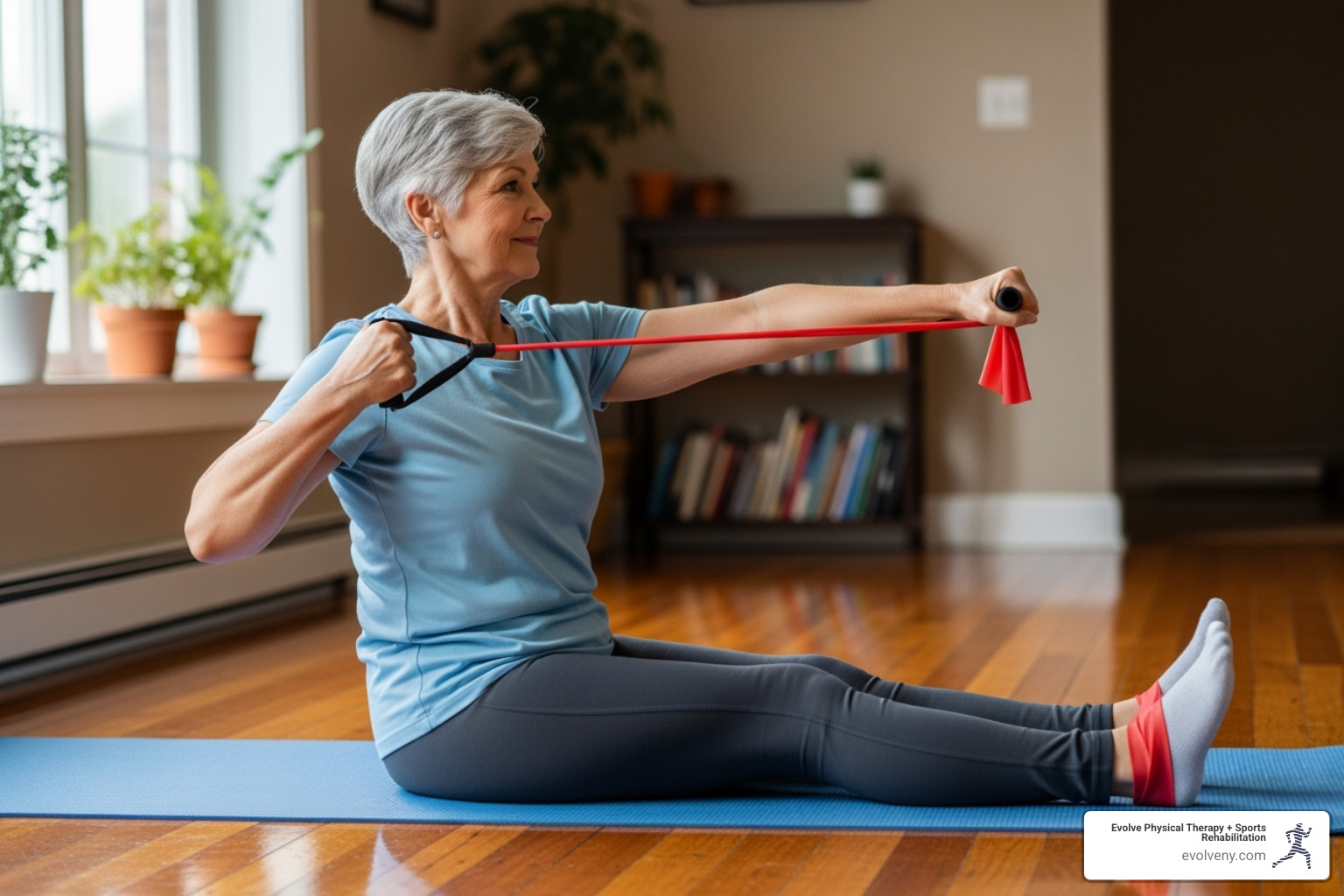 A senior using a resistance band for arm exercises - exercise for older adults