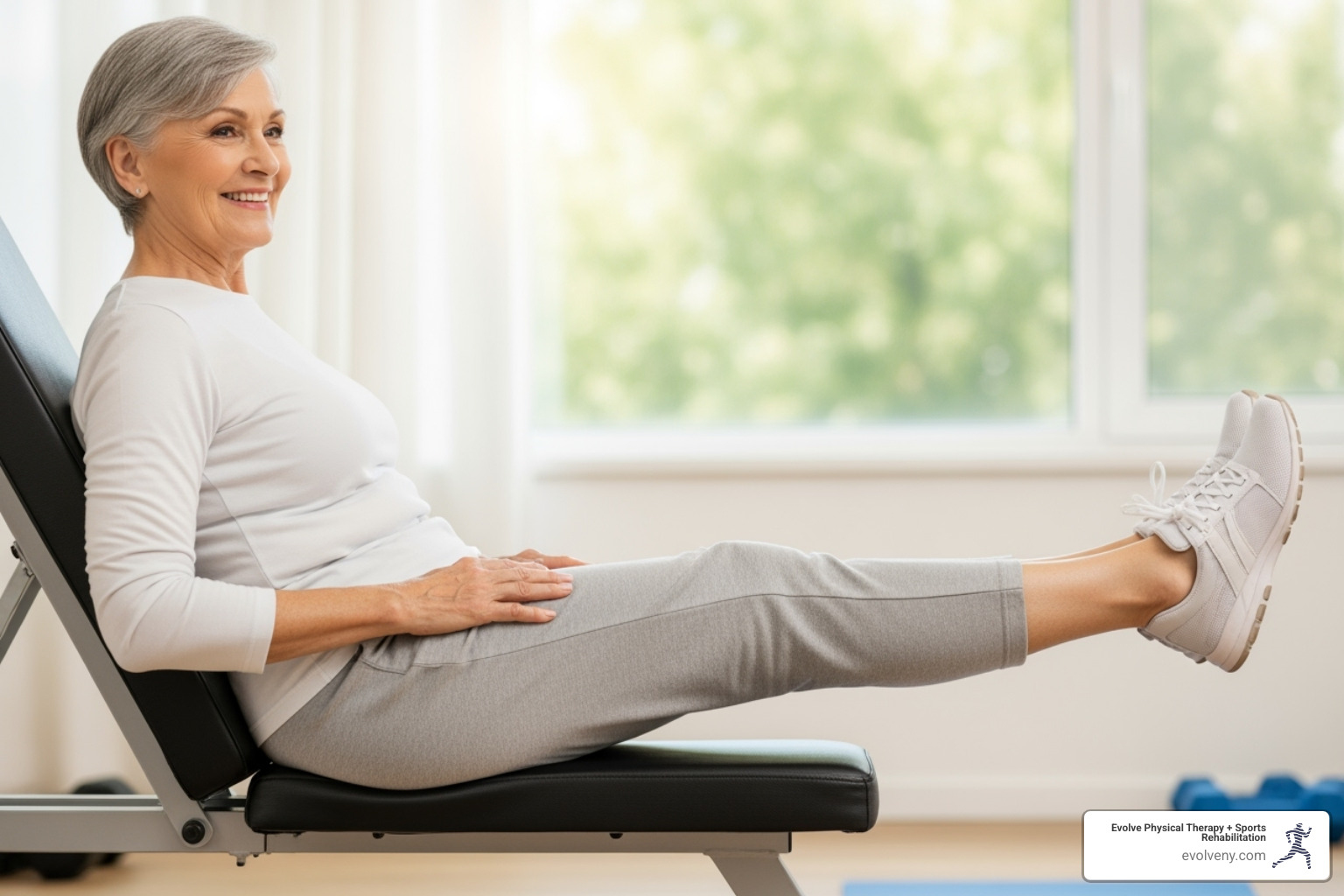 A senior smiling while performing seated leg raises - exercise for older adults
