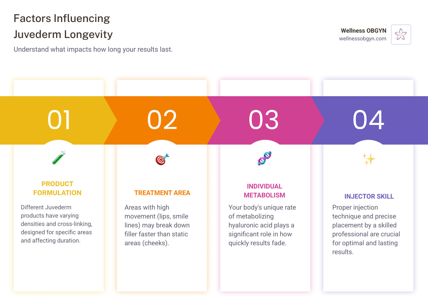 Detailed infographic showing Juvederm product longevity timeline with facial areas marked, duration ranges from 6-24 months, and factors affecting longevity including metabolism, treatment area movement, and maintenance schedule - juvederm lasts how long infographic pillar-4-steps