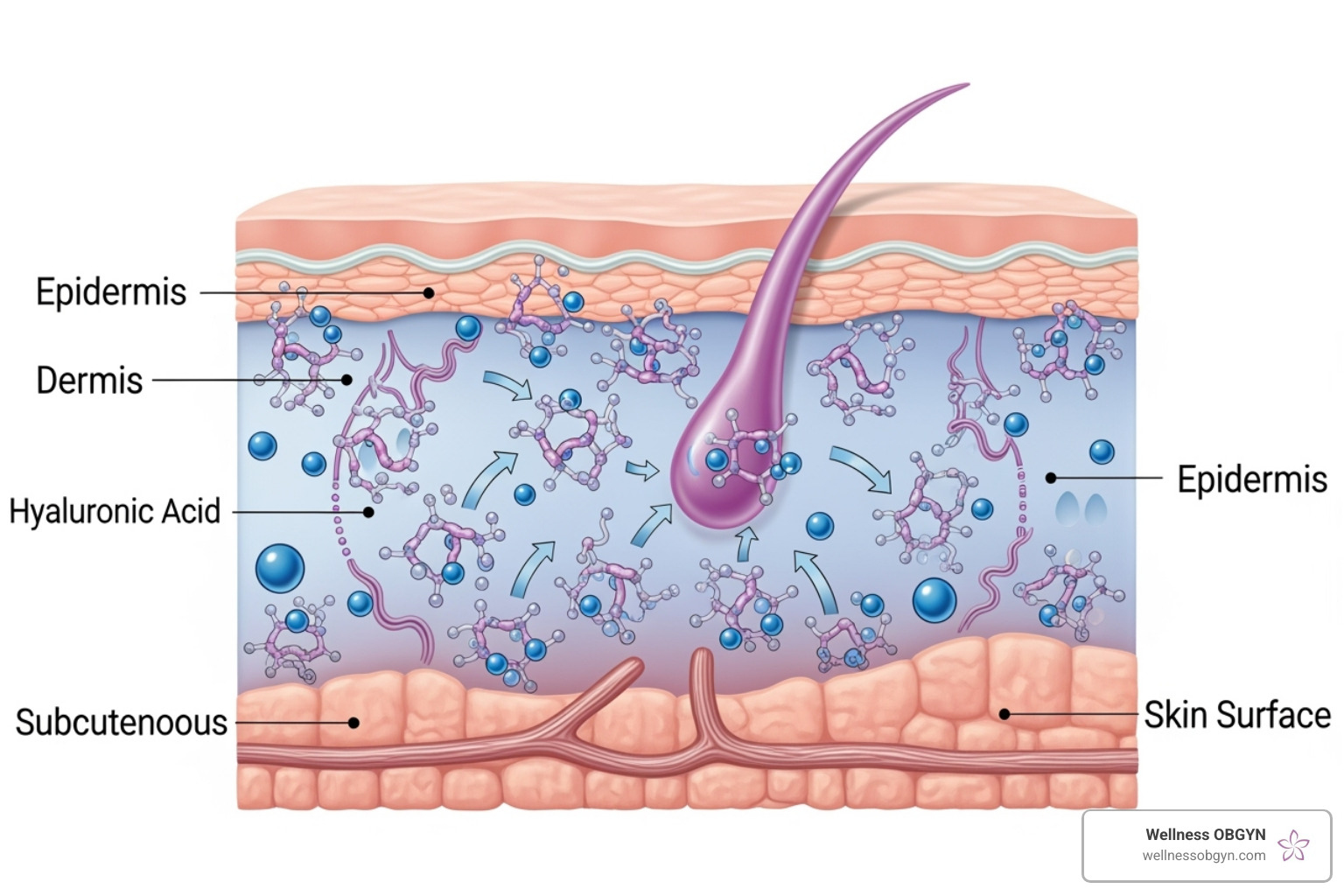diagram showing how hyaluronic acid works to plump the skin - juvederm lasts how long