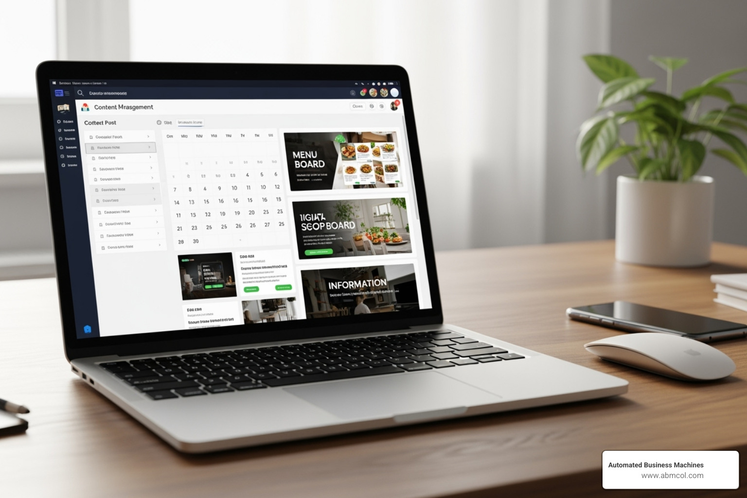 User-friendly CMS dashboard on a laptop, showing a calendar for content scheduling and a preview pane for different displays - Digital signage touchscreen displays User-friendly CMS dashboard on a laptop, showing a calendar for content scheduling and a preview pane for different displays - Digital signage touchscreen displays