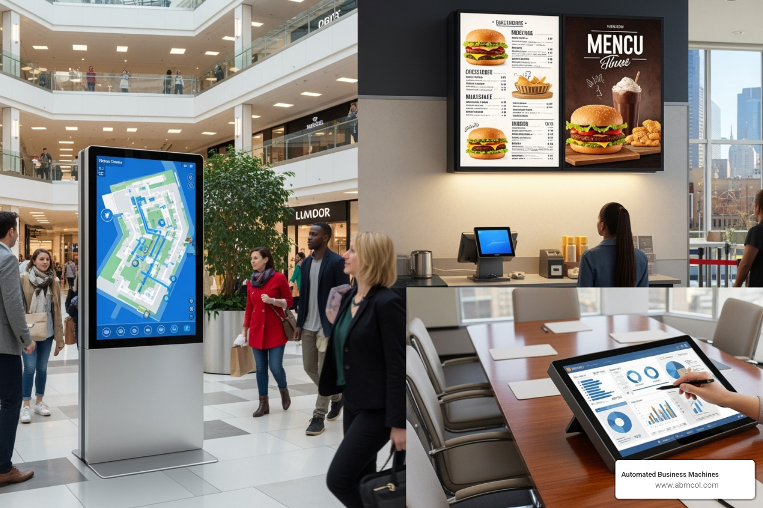 Collage showing a large wayfinding kiosk in a shopping mall, a bright digital menu board in a quick service restaurant, and a compact interactive display in a corporate meeting room - Digital signage touchscreen displays Collage showing a large wayfinding kiosk in a shopping mall, a bright digital menu board in a quick service restaurant, and a compact interactive display in a corporate meeting room - Digital signage touchscreen displays