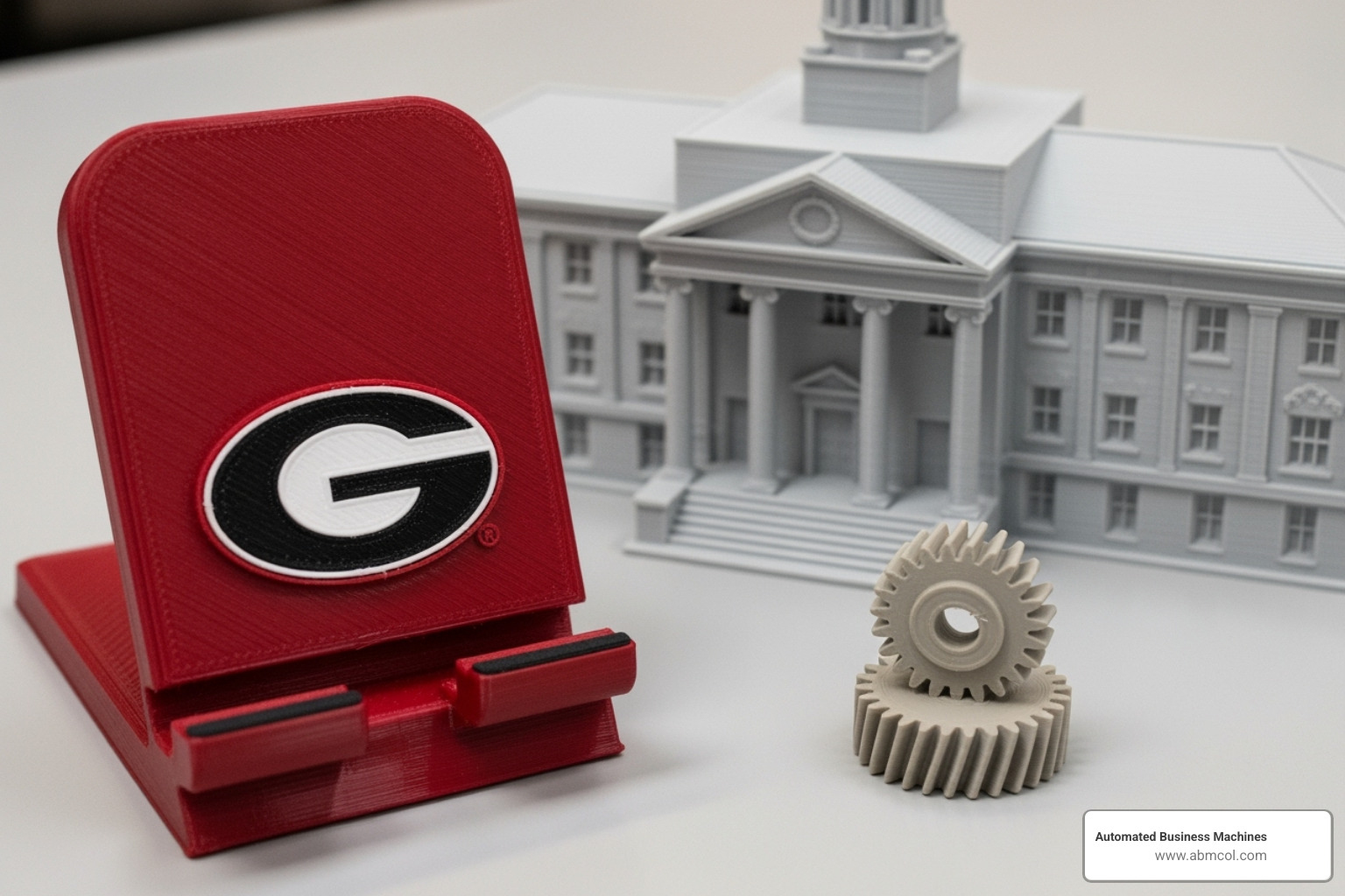 of 3D printed items: UGA-themed phone stand, replacement gear, architectural model - 3d printing service in athens ga of 3D printed items: UGA-themed phone stand, replacement gear, architectural model - 3d printing service in athens ga