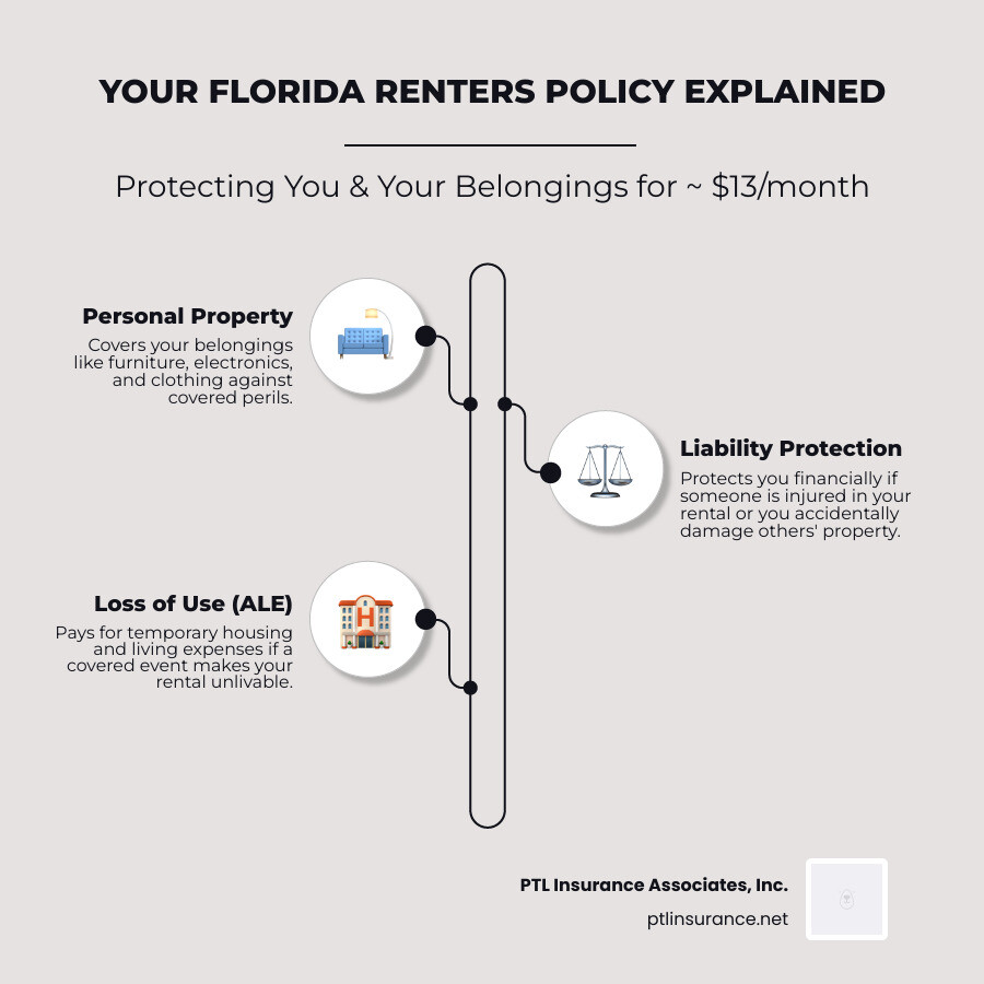 Infographic showing Florida renters insurance core components: Personal Property coverage protecting belongings like furniture and electronics, Liability protection covering accidents and injuries to others, and Loss of Use coverage for temporary housing expenses, with average Florida costs of $152 per year total - affordable renters insurance florida infographic infographic-line-3-steps-neat_beige