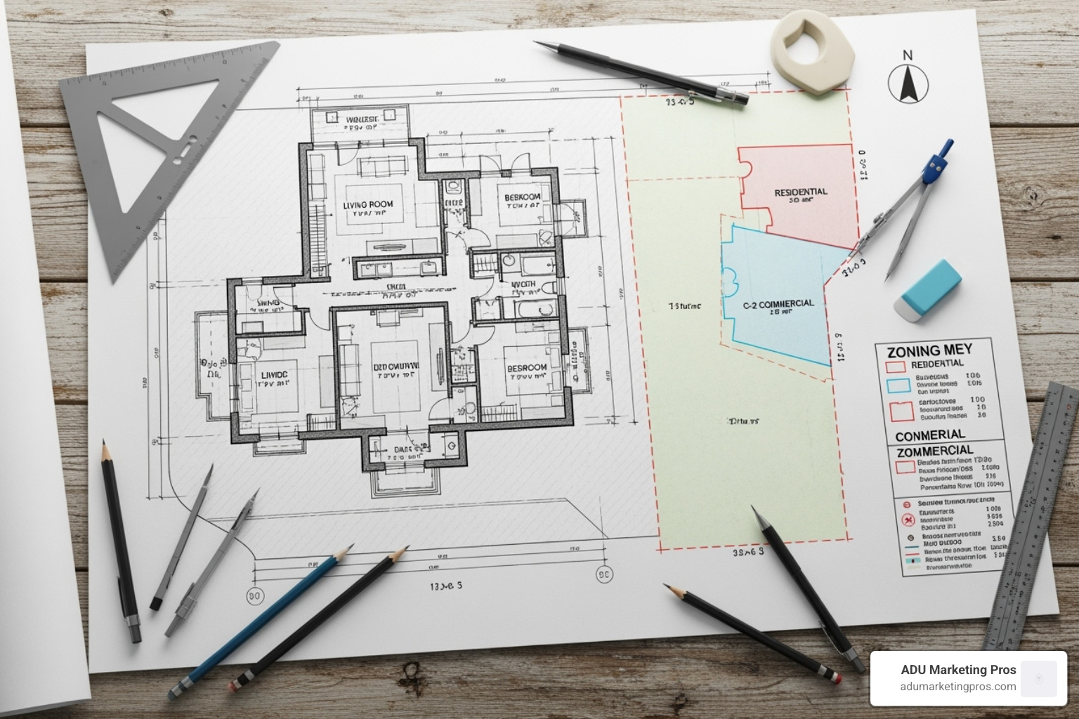 blueprint with zoning annotations - ADU home plans