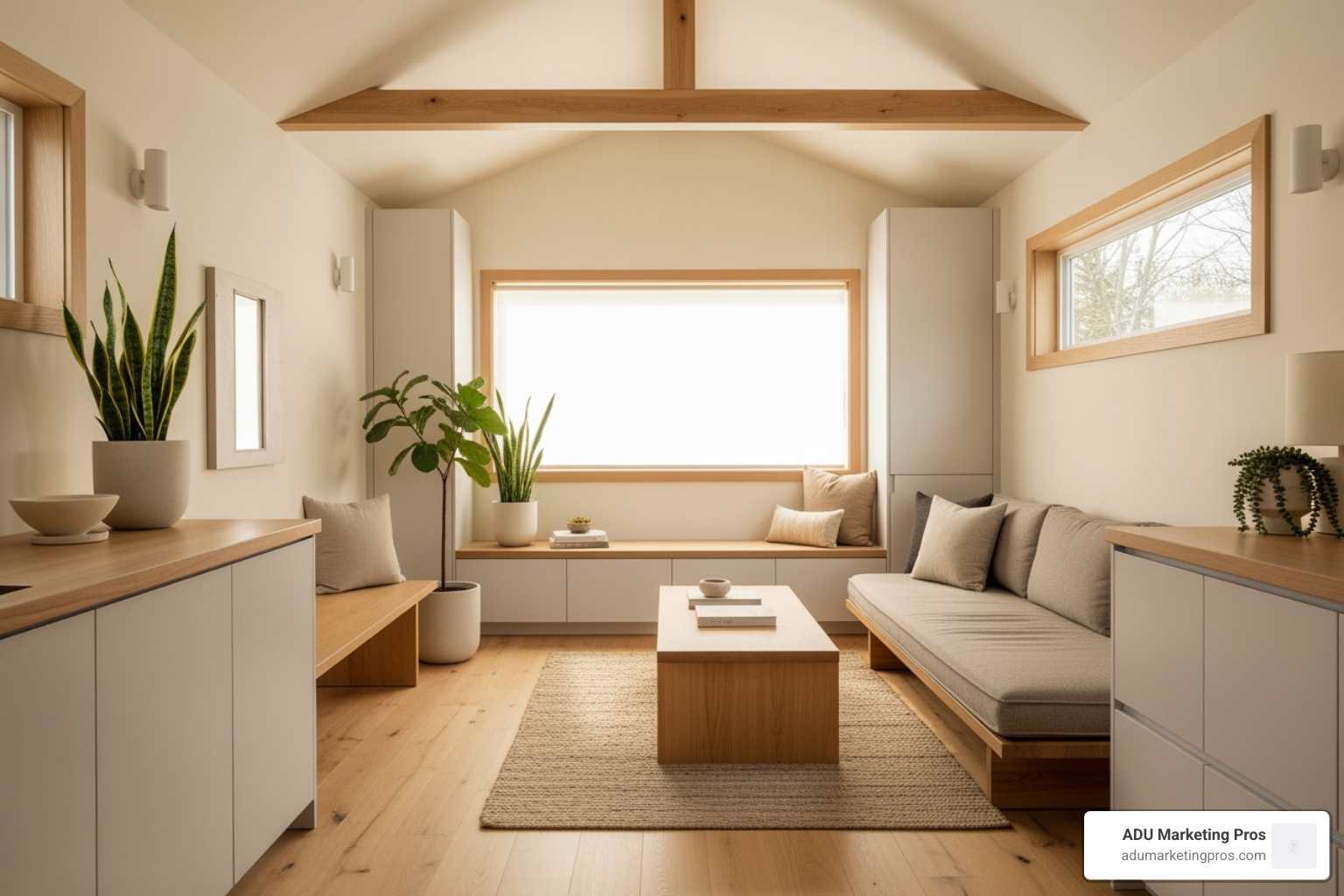 bright ADU interior with Japandi elements - ADU home plans