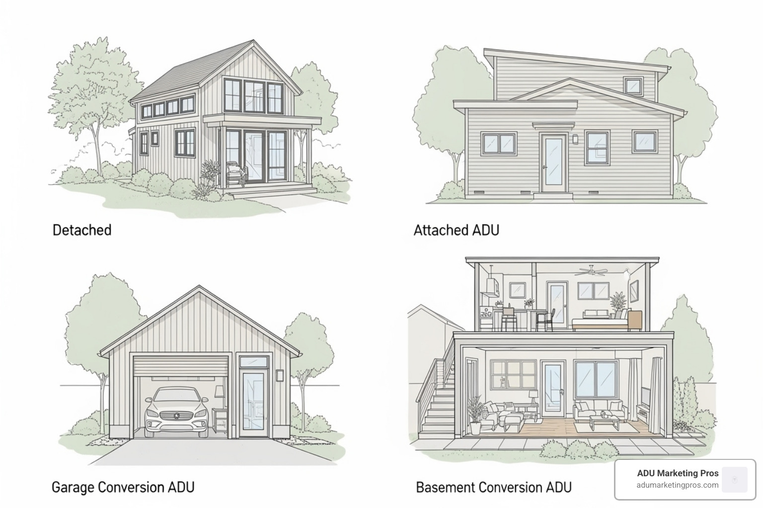visual guide of four ADU types - ADU home plans