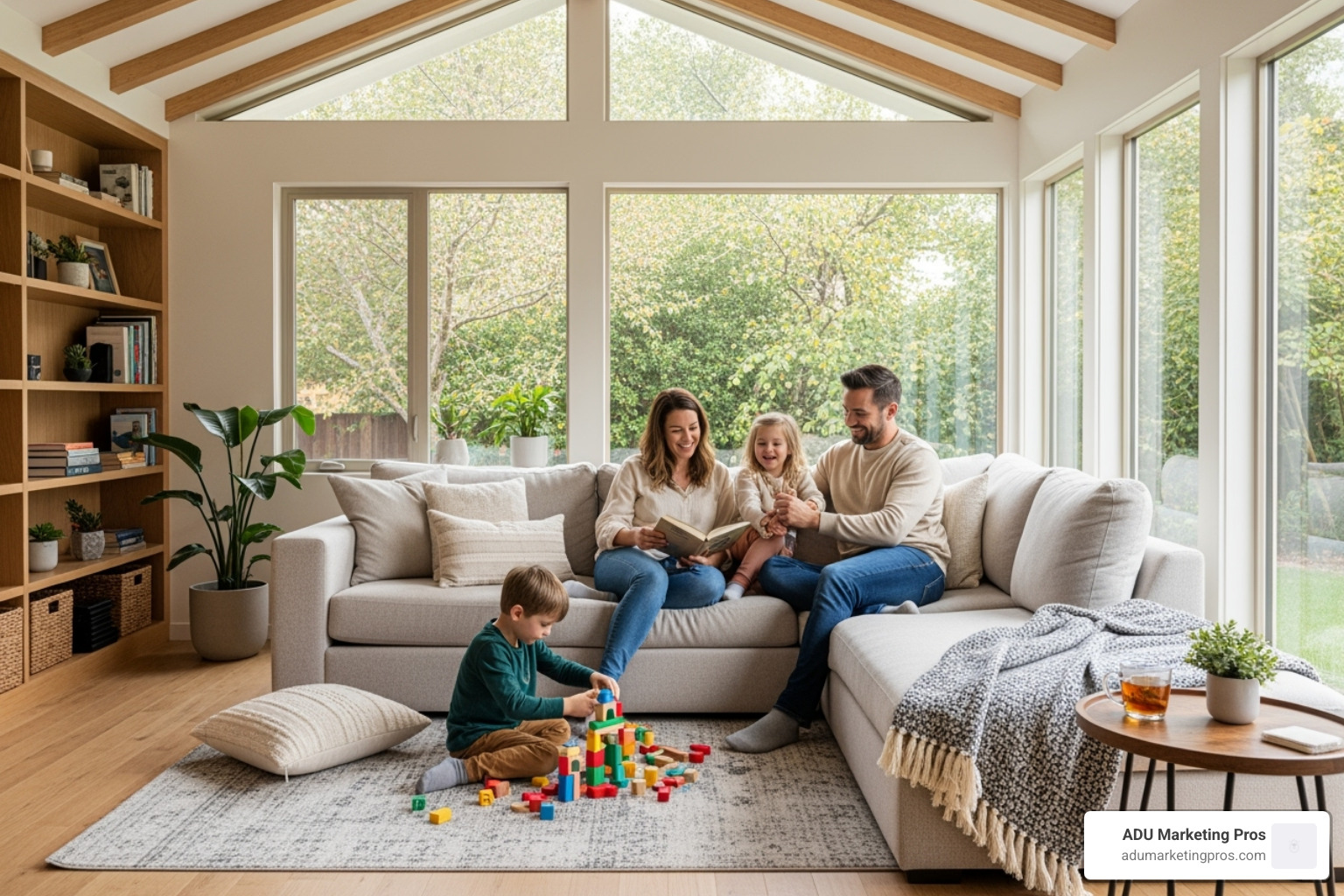 happy family in ADU living area - ADU home plans