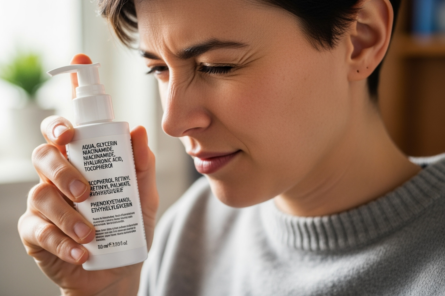 A person reading the ingredient label on a skincare product, highlighting the importance of understanding product contents for eczema-prone skin - Skincare for eczema