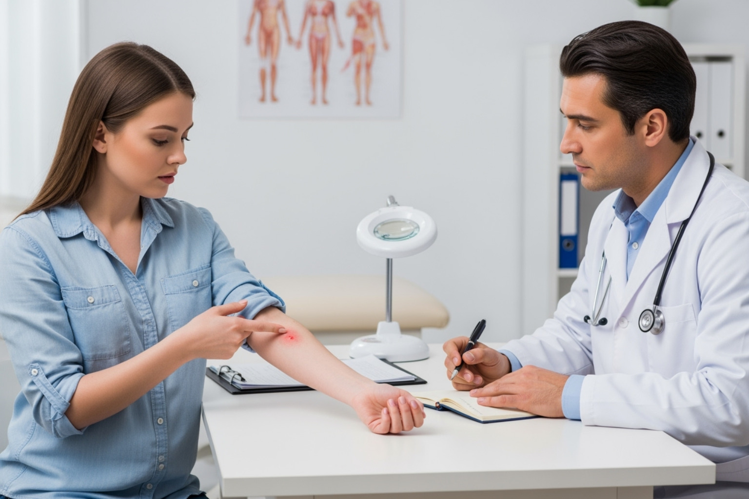 A patient speaking with a dermatologist about their skin condition, emphasizing the importance of professional medical advice for eczema management - Skincare for eczema