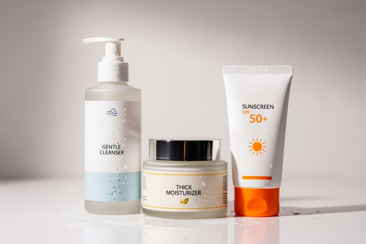 A graphic showing a gentle cleanser, a thick cream, and sunscreen, representing the three steps of an eczema skincare routine - Skincare for eczema