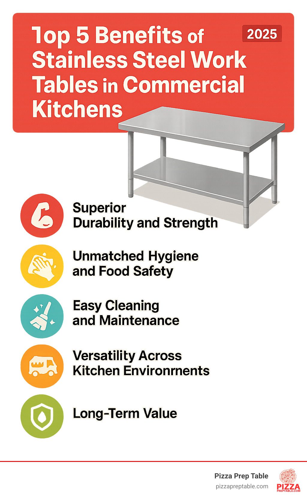 Infographic showing the top 5 benefits of stainless steel work tables in commercial kitchens: superior durability and strength for heavy-duty use, best hygiene and food safety with non-porous surfaces, easy cleaning and maintenance with stain resistance, versatility across different kitchen environments from restaurants to food trucks, and long-term value with corrosion resistance and professional appearance - stainless steel work table infographic 