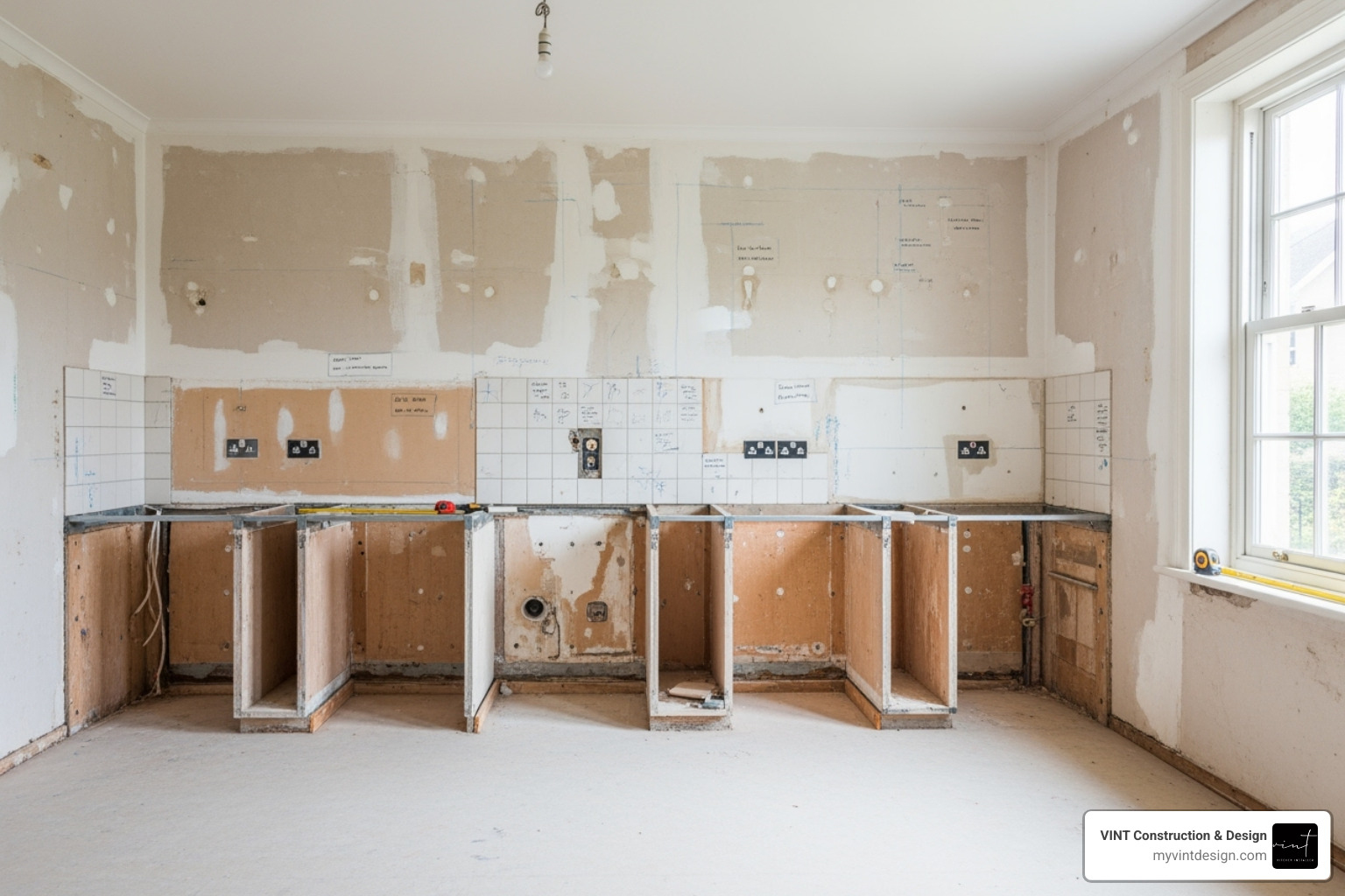 a kitchen prepped for installation with old cabinets removed and walls marked - how long does kitchen cabinet installation take