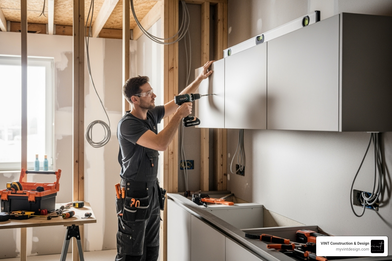 a professional installing upper kitchen cabinets - how long does kitchen cabinet installation take