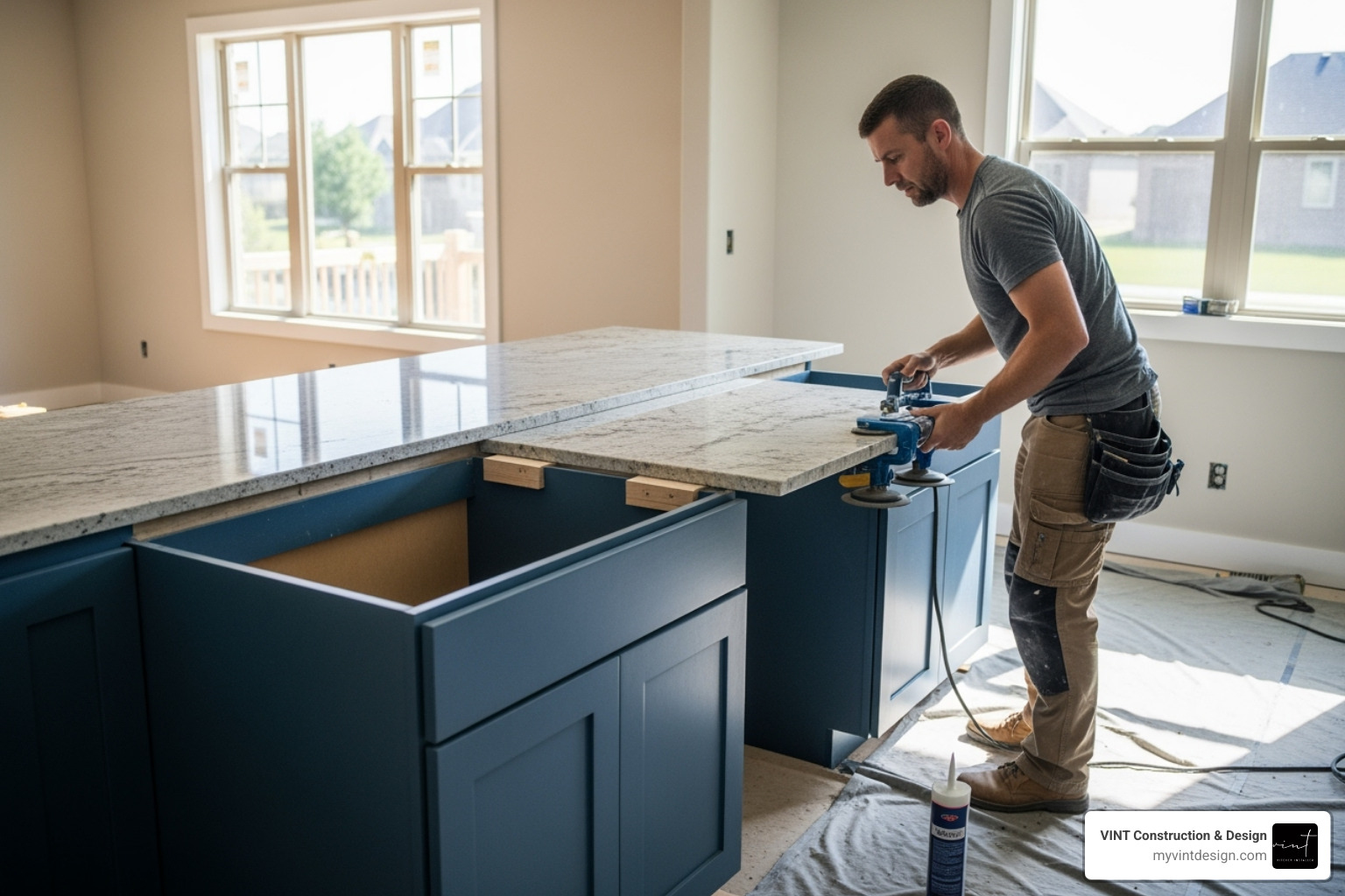 a new countertop being installed on freshly installed cabinets - how long does kitchen cabinet installation take