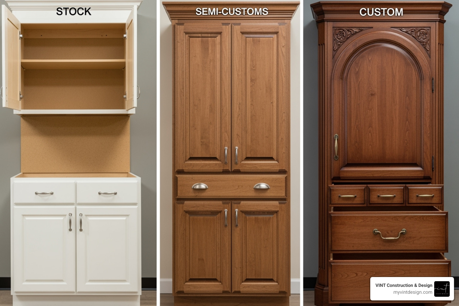 three cabinet types side-by-side: stock, semi-custom, and custom - how long does kitchen cabinet installation take