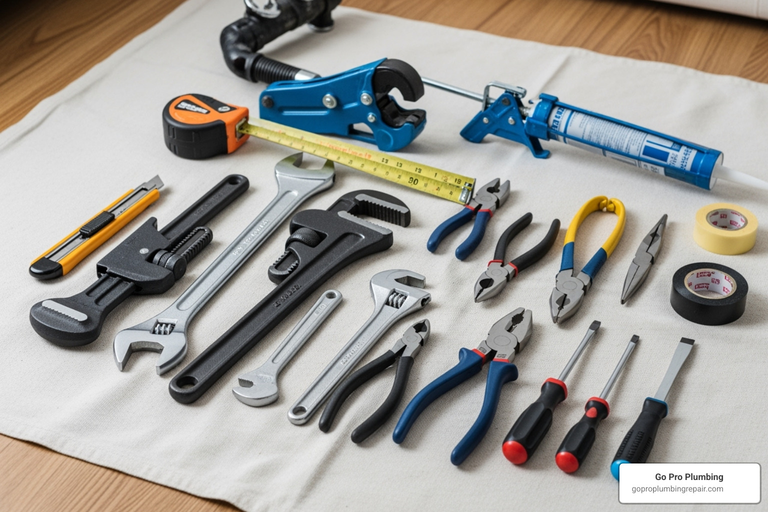Essential tools for pedestal sink repair laid out on a drop cloth - Pedestal sink repair