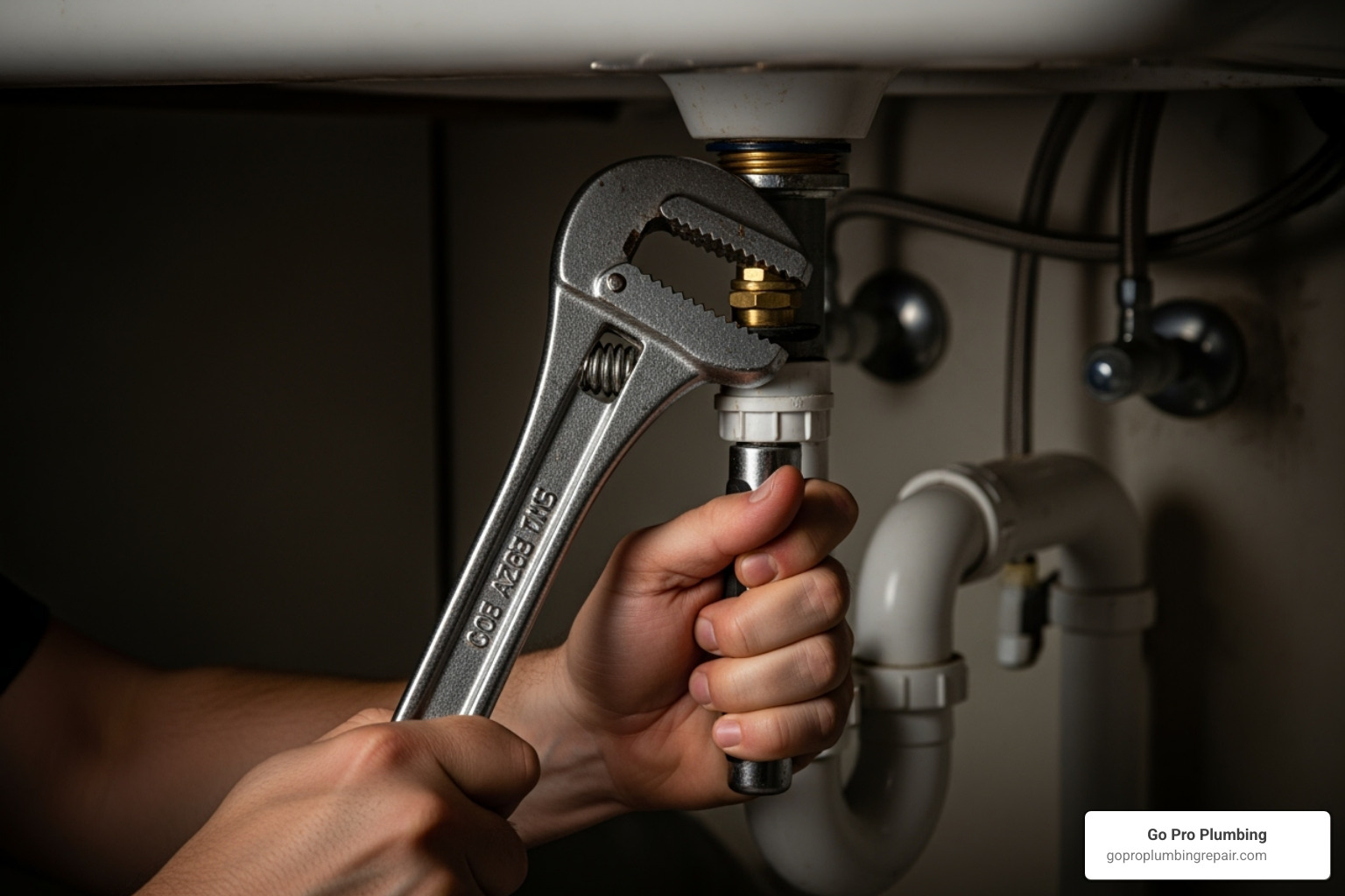 Hands tightening a nut under a sink basin with a basin wrench - Pedestal sink repair