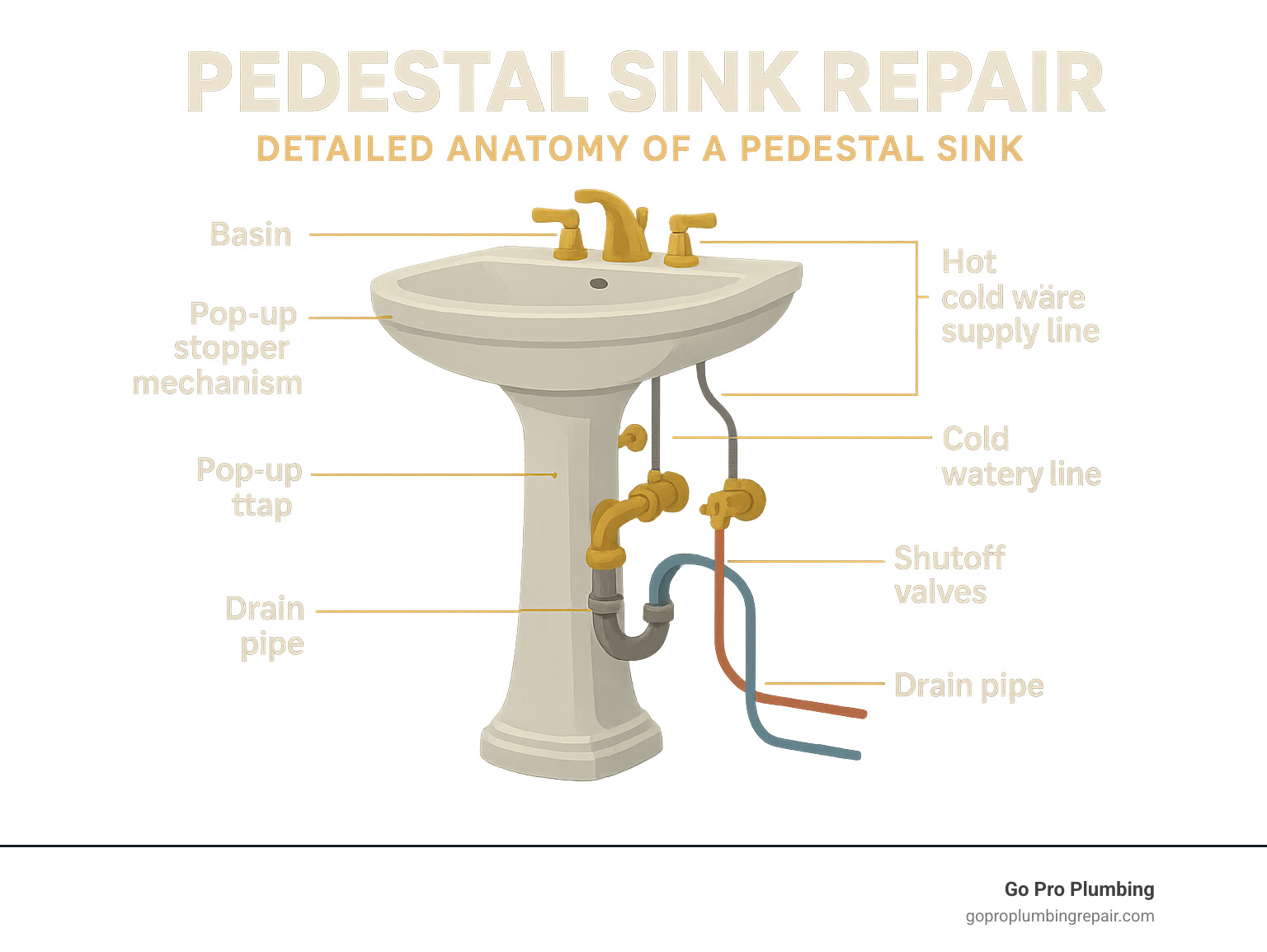Detailed anatomy of a pedestal sink showing labeled components including the basin, pedestal base, faucet assembly, hot and cold water supply lines, shutoff valves, P-trap, drain pipe, pop-up stopper mechanism, lift rod, and wall mounting bolts - Pedestal sink repair infographic 