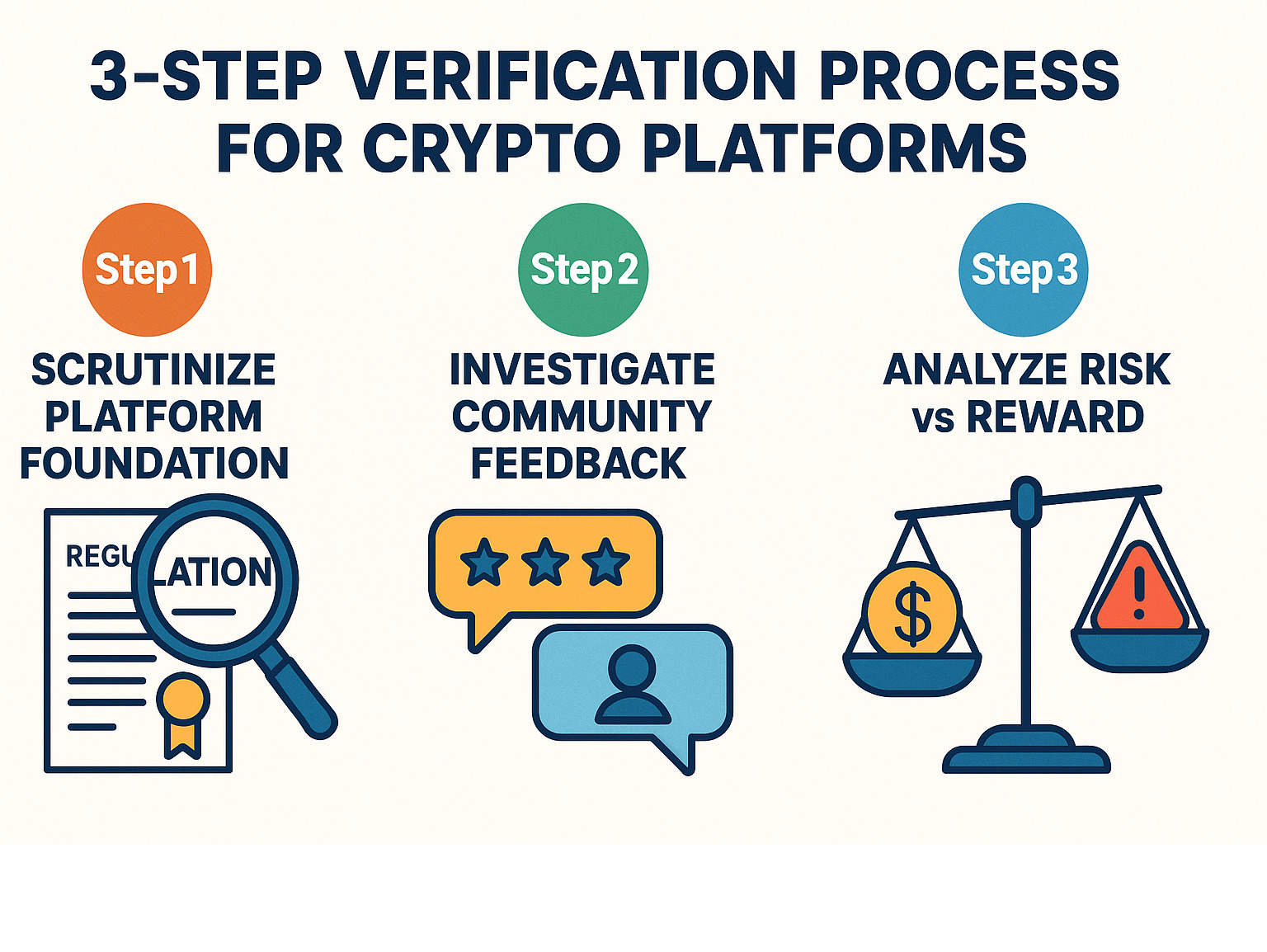 Infographic showing a 3-step verification process for crypto platforms: Step 1 - Scrutinize Platform Foundation (magnifying glass icon over regulatory documents), Step 2 - Investigate Community Feedback (speech bubbles with user reviews), Step 3 - Analyze Risk vs Reward (balance scale with dollar signs and warning symbols) - crypto30x.com gigachad infographic 