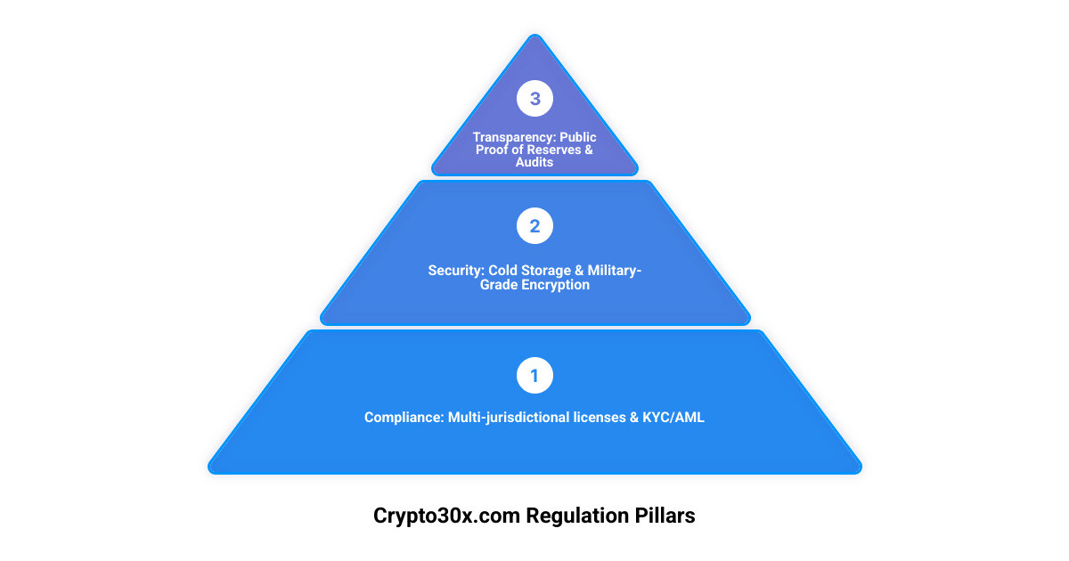 Comprehensive infographic showing the three key pillars of crypto30x.com regulation: Security pillar featuring cold storage and encryption, Transparency pillar showing public proof of reserves and audit reports, and Compliance pillar displaying multi-jurisdictional licenses and KYC procedures - crypto30x.com regulation infographic 3_stage_pyramid Comprehensive infographic showing the three key pillars of crypto30x.com regulation: Security pillar featuring cold storage and encryption, Transparency pillar showing public proof of reserves and audit reports, and Compliance pillar displaying multi-jurisdictional licenses and KYC procedures - crypto30x.com regulation infographic 3_stage_pyramid