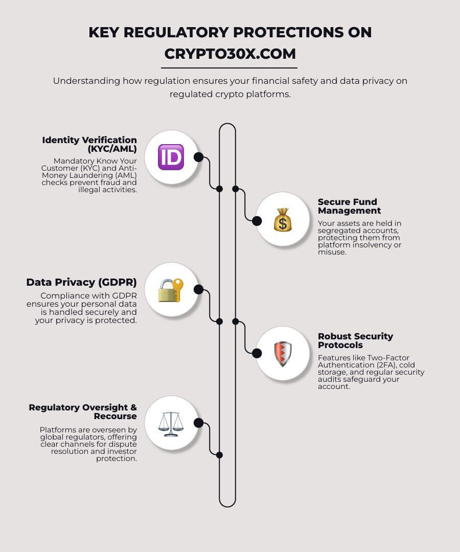 Comprehensive infographic showing the key regulatory protections for Crypto30x.com users including KYC/AML compliance, fund segregation, data protection under GDPR, security measures like 2FA and cold storage, regulatory oversight bodies, and investor recourse options - crypto30x.com regulation infographic infographic-line-5-steps-neat_beige