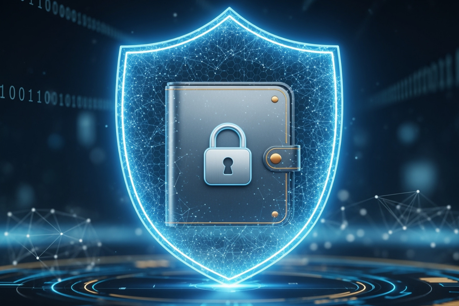 A digital shield protecting a cryptocurrency wallet with a lock icon -  crypto30x.com dis