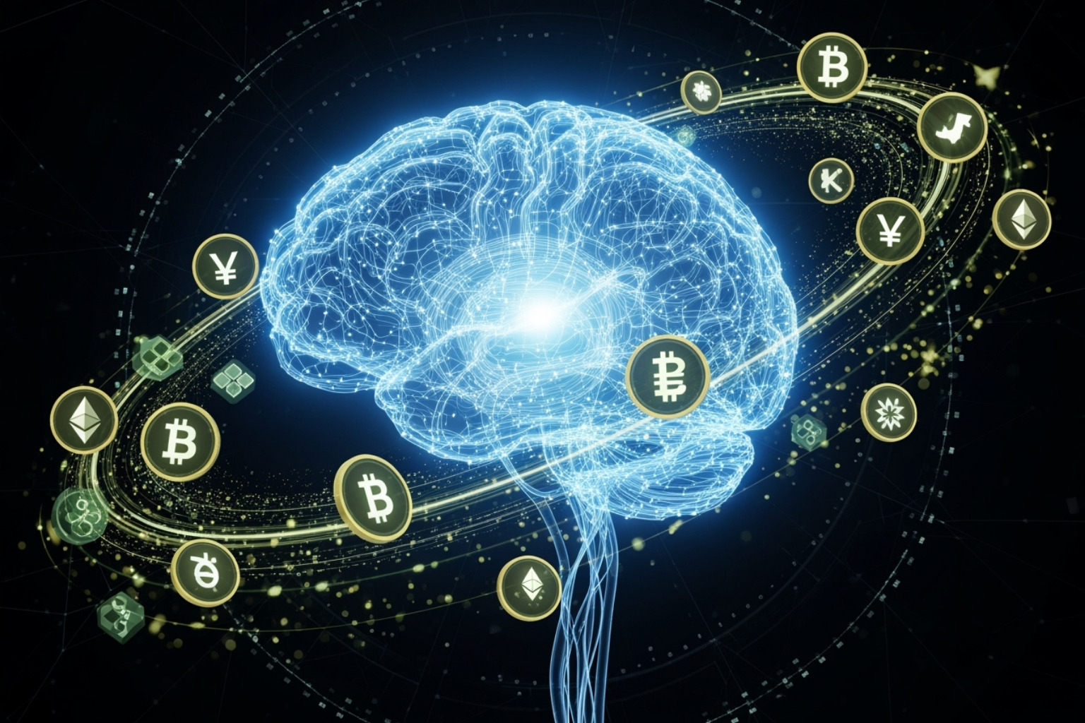 A futuristic AI brain graphic with cryptocurrency symbols swirling around it -  crypto30x.com dis