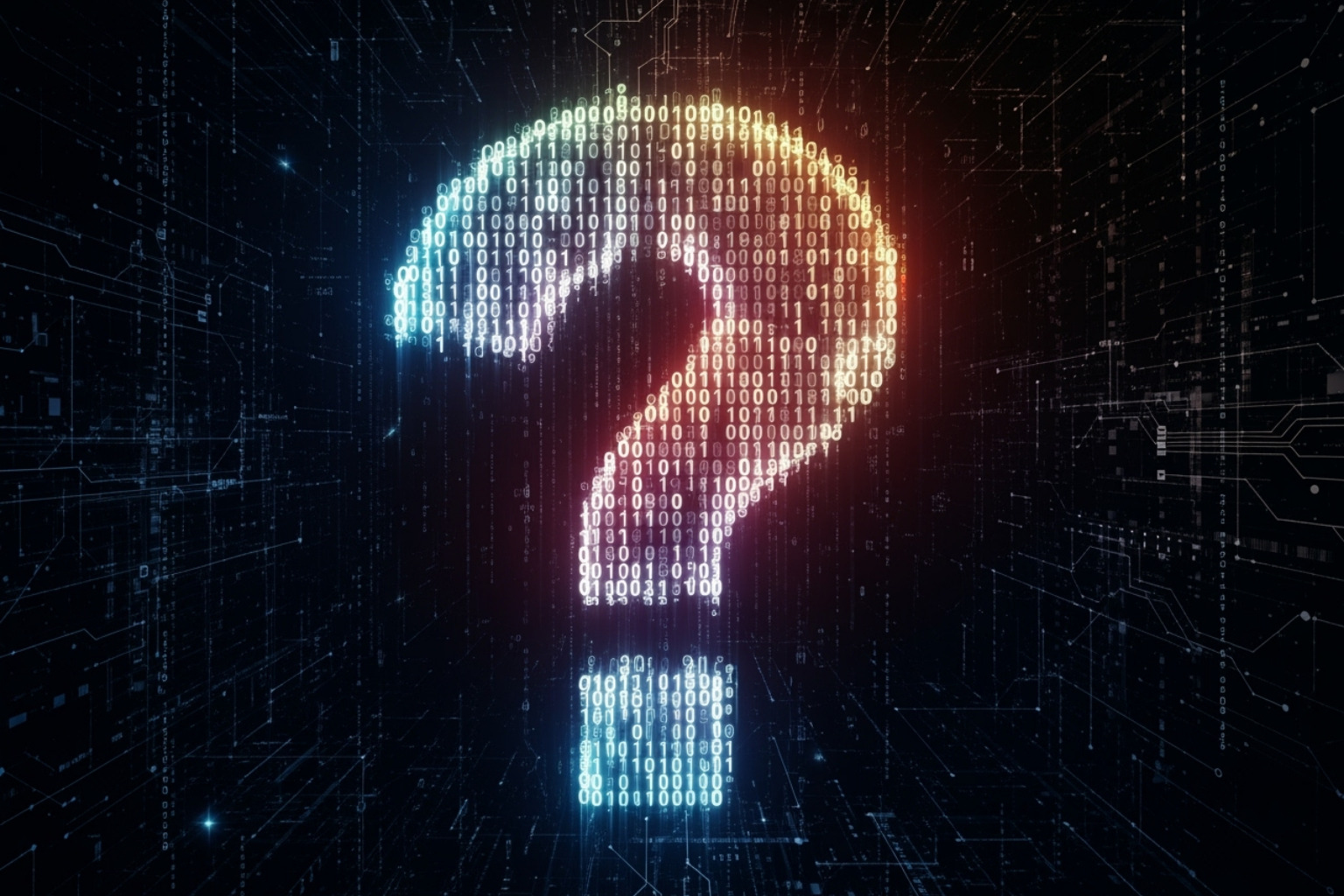 A large question mark made of binary code, representing queries about cryptocurrency legitimacy -  crypto30x.com dis