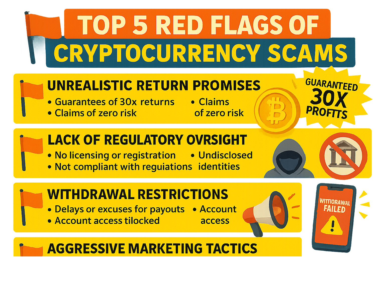 Comprehensive infographic showing the top 5 red flags of cryptocurrency scams: unrealistic return promises, lack of regulatory oversight, anonymous team members, withdrawal restrictions, and aggressive marketing tactics with examples and warning signs for each -  crypto30x.com dis infographic 