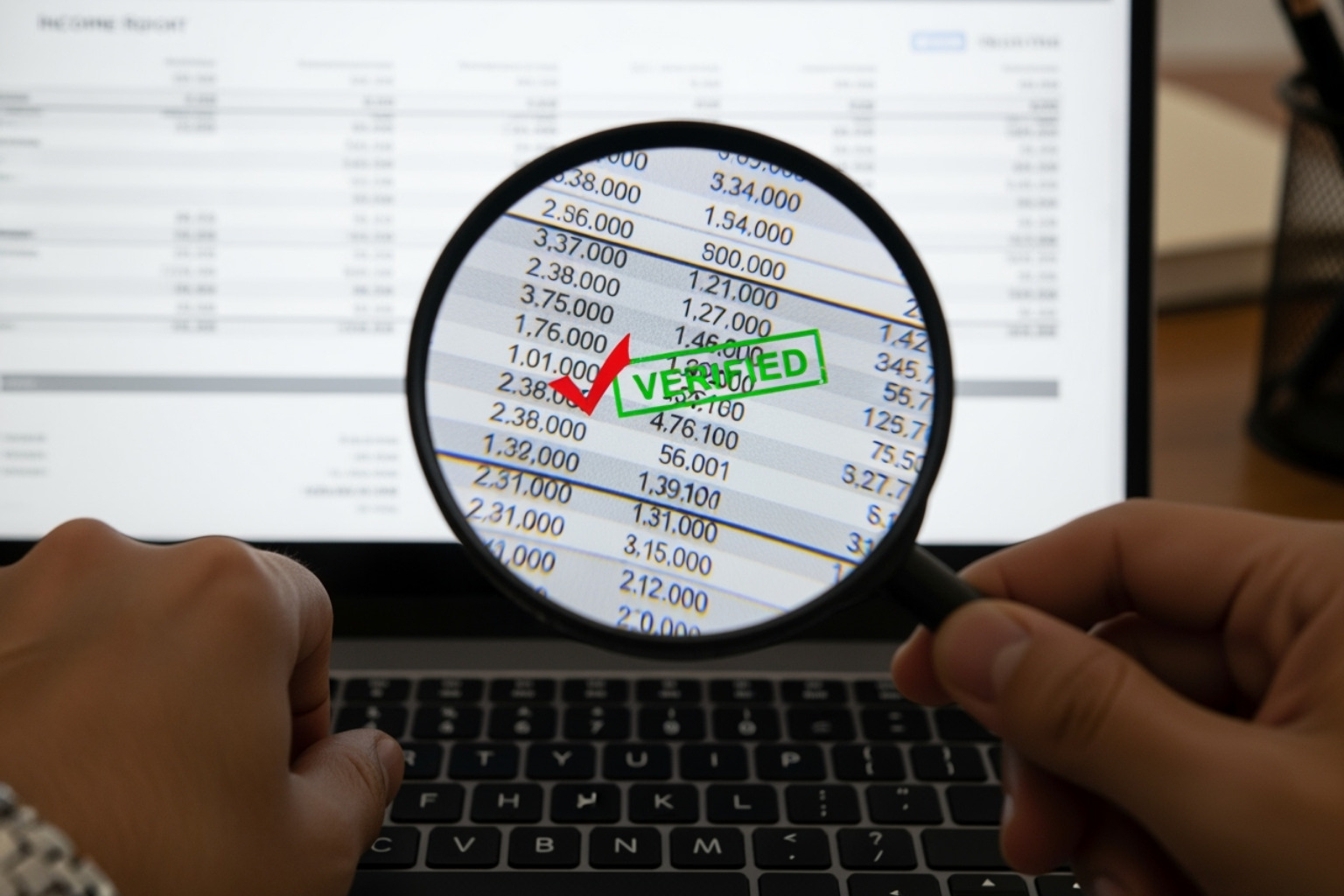 Checklist or magnifying glass over a laptop screen - crypto30x.com ac milan