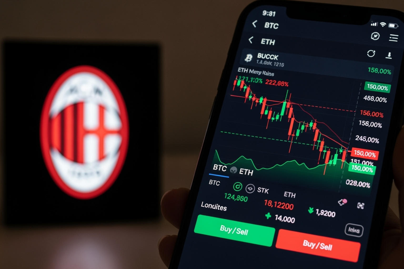 smartphone screen showing the Crypto30x.com interface with the AC Milan crest in the background - crypto30x.com ac milan