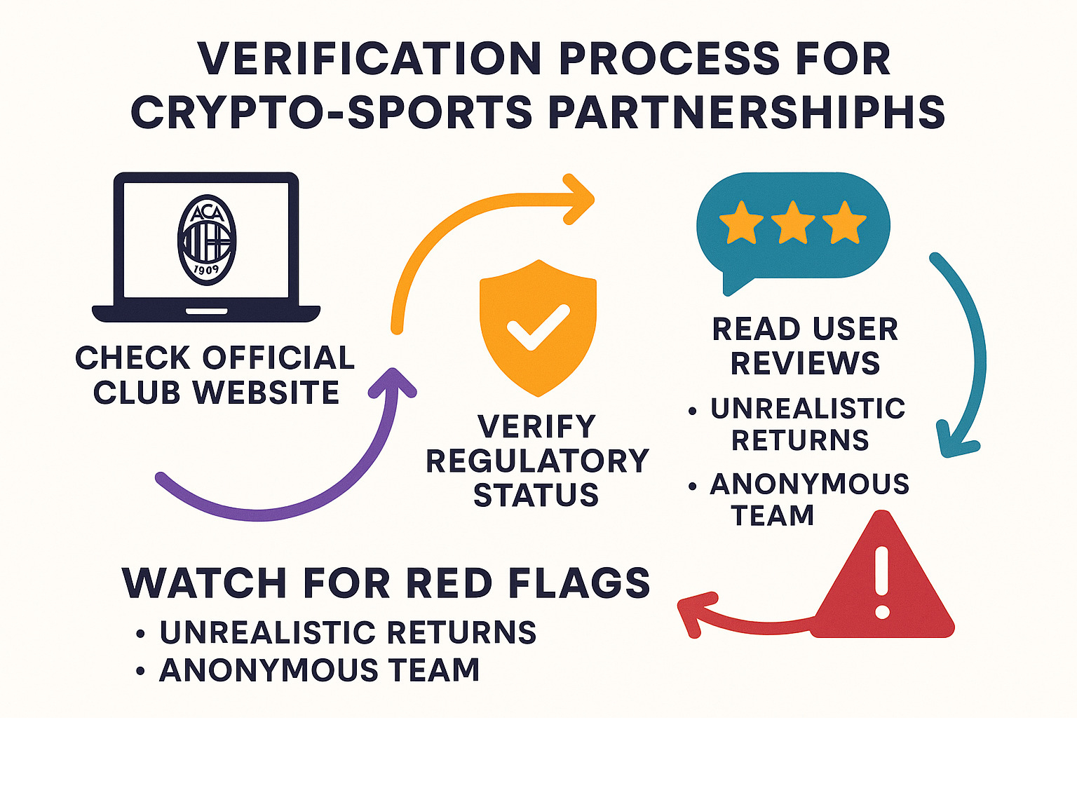 Infographic showing the verification process for crypto-sports partnerships, including checking official club websites, regulatory status, user reviews, and red flags like unrealistic returns and anonymous teams - crypto30x.com ac milan infographic 