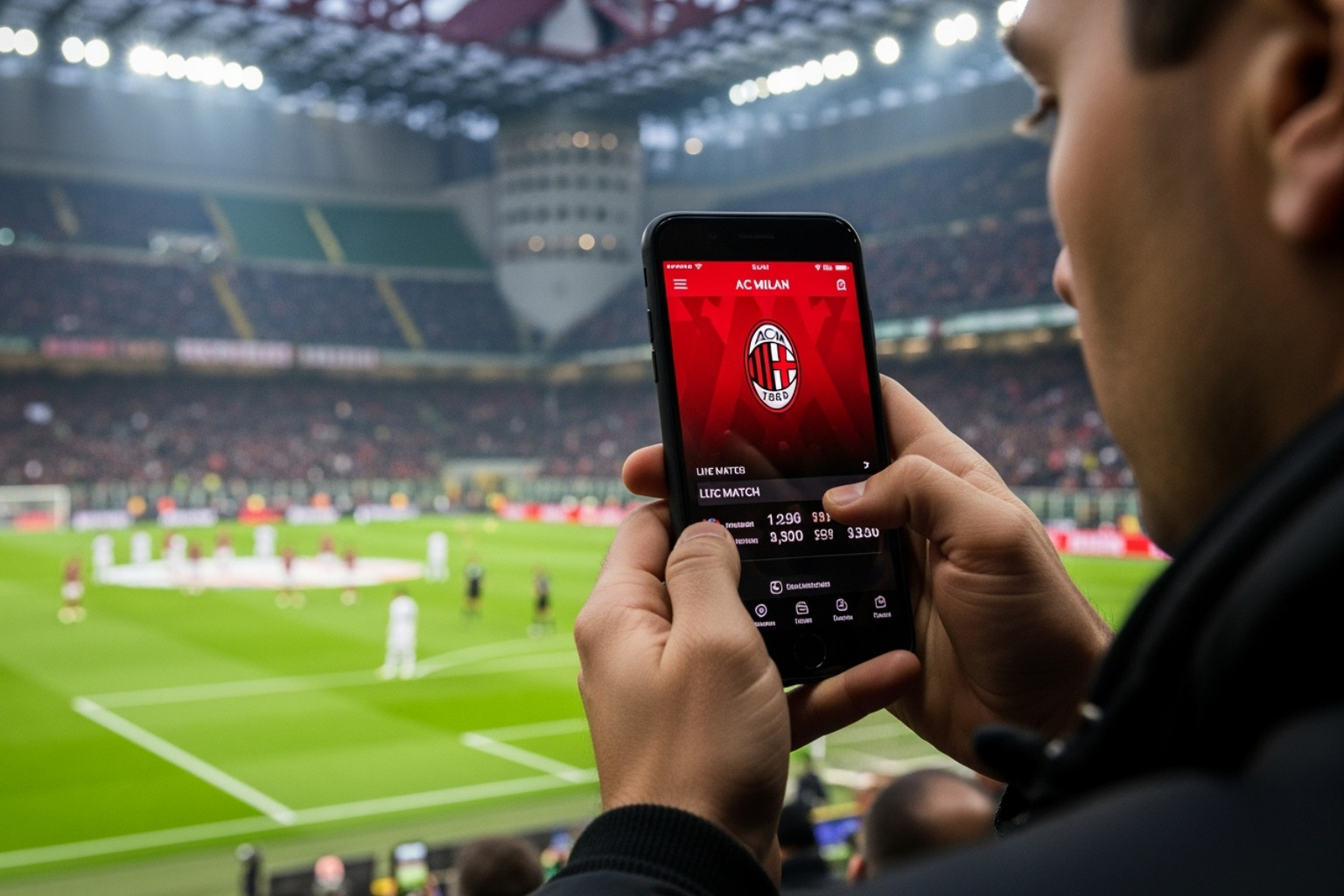 Fan holding phone with AC Milan app at San Siro - crypto30x.com ac milan