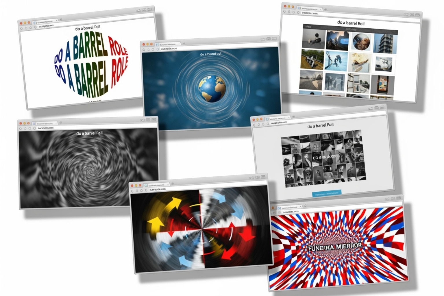 a collage of different barrel roll variations on different websites - do a barrel roll x200