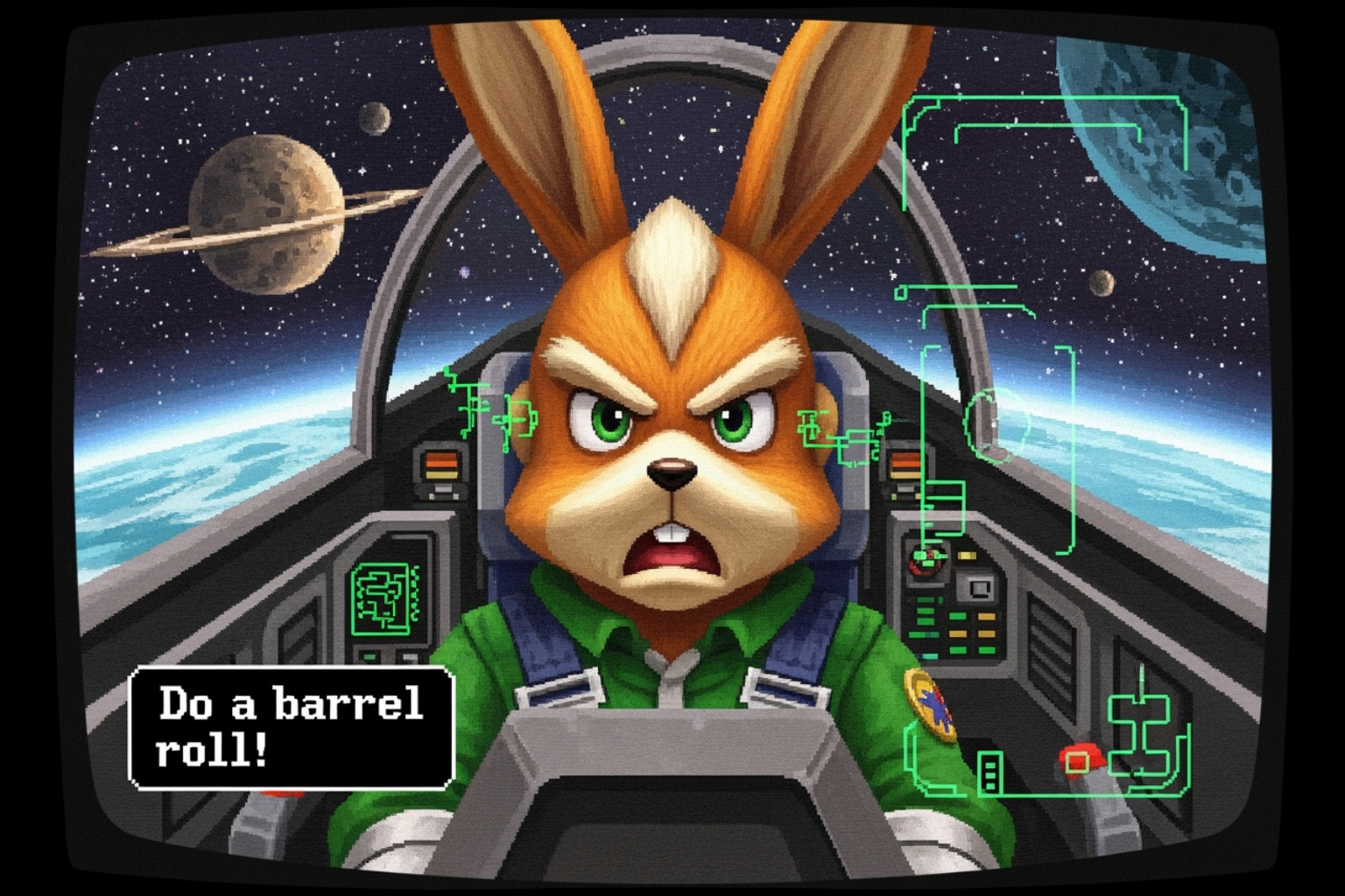 Star Fox 64 game showing Peppy Hare's "Do a barrel roll!" quote - do a barrel roll x200 Star Fox 64 game showing Peppy Hare's "Do a barrel roll!" quote - do a barrel roll x200