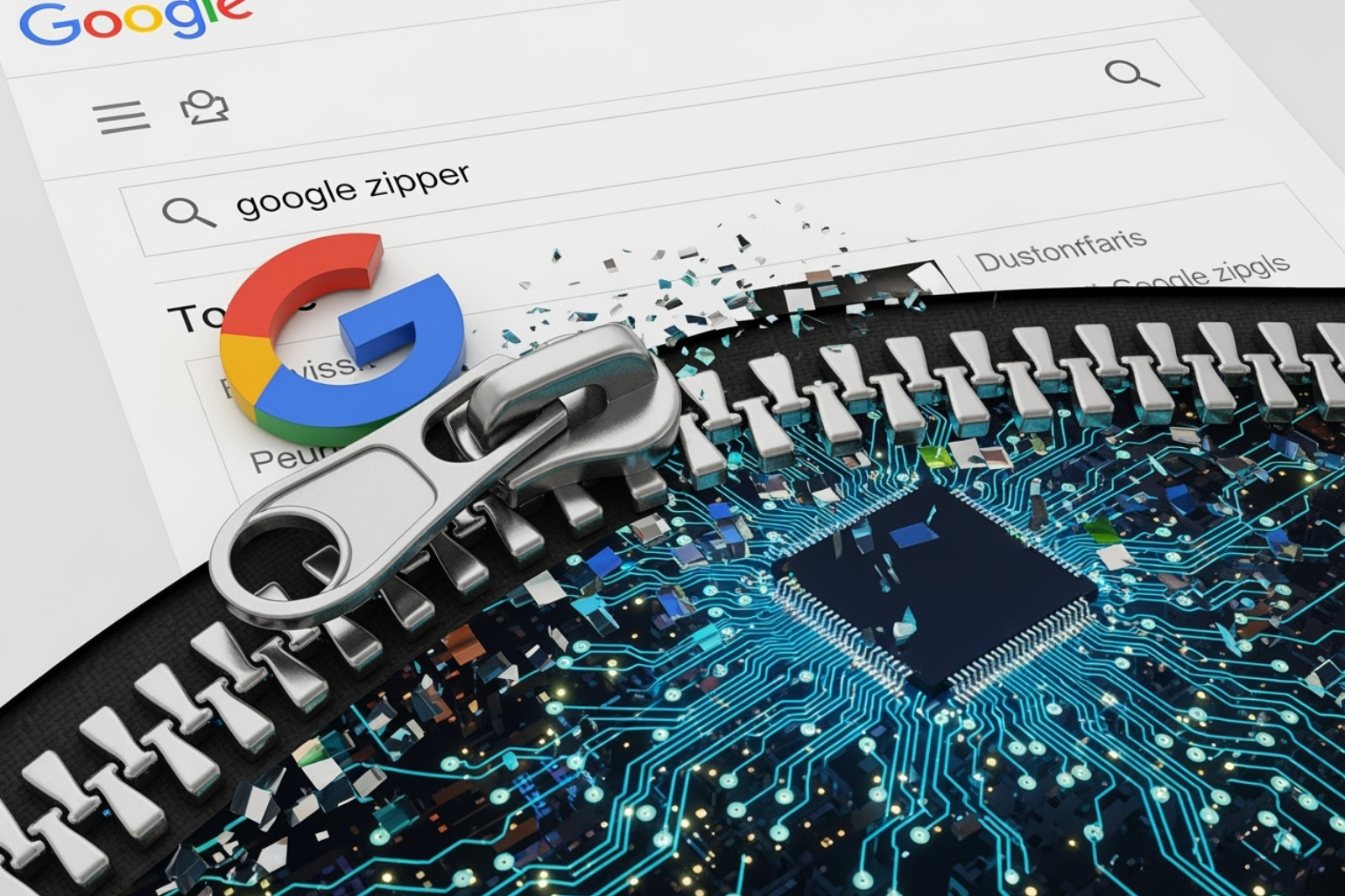 Google search page with the zipper partially unzipped - google zipper