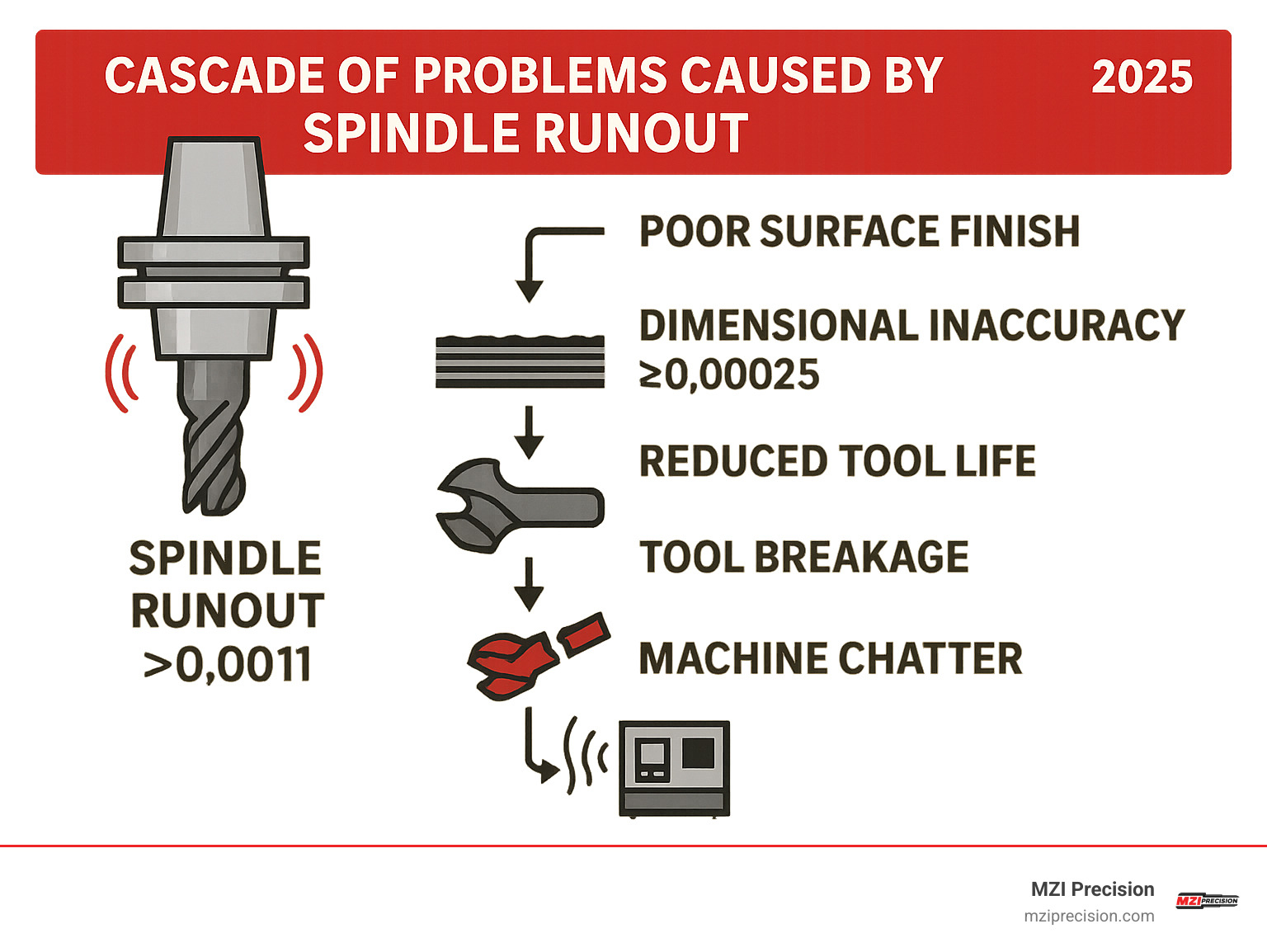 INFOGRAPHIC SHOWING THE CASCADE OF PROBLEMS CAUSED BY SPINDLE RUNOUT INCLUDING POOR SURFACE FINISH, DIMENSIONAL INACCURACY, REDUCED TOOL LIFE, TOOL BREAKAGE, AND MACHINE CHATTER WITH SPECIFIC MEASUREMENTS AND TOLERANCES - SPINDLE RUNOUT CORRECTION INFOGRAPHIC 