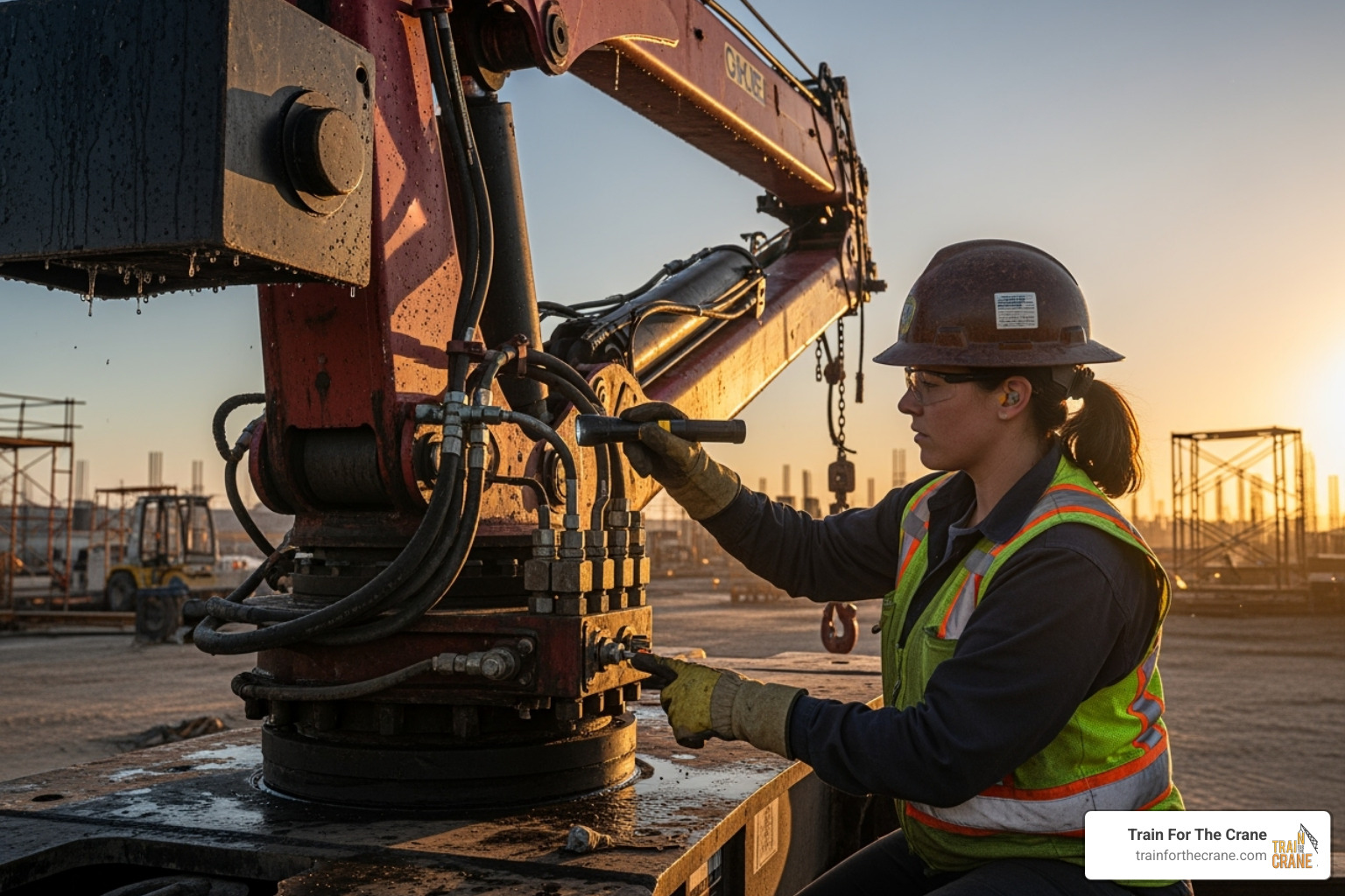 Operator performing a pre-shift inspection on an articulating crane - articulating crane operator training class
