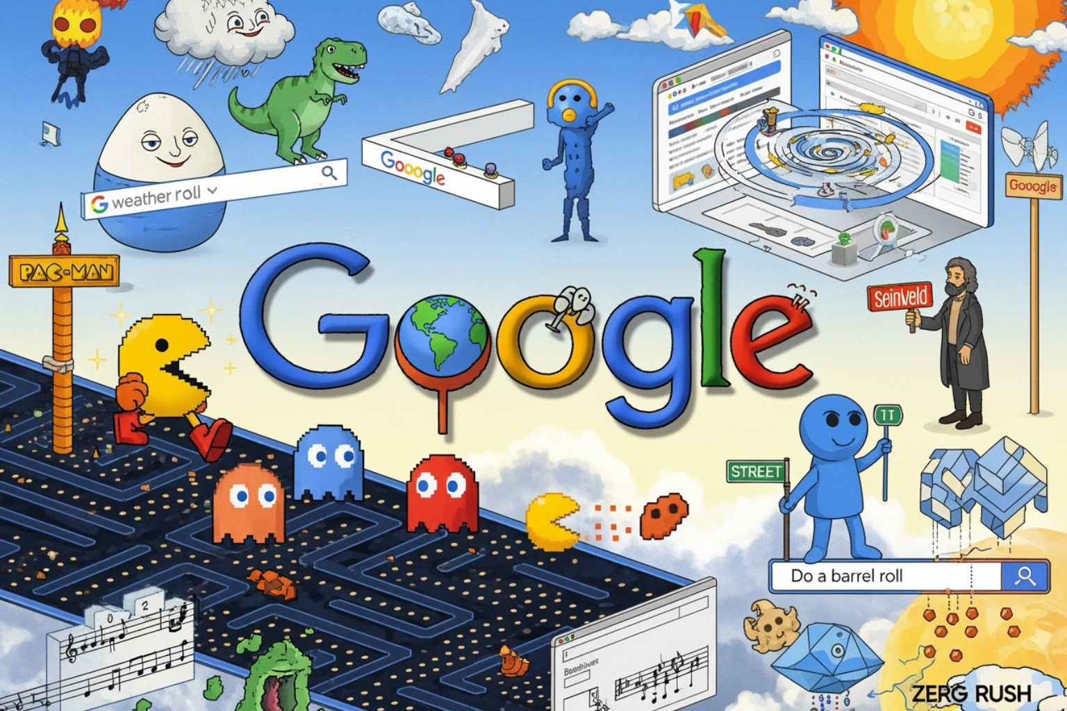 Collage of various Google Easter eggs and Doodles - google zipper