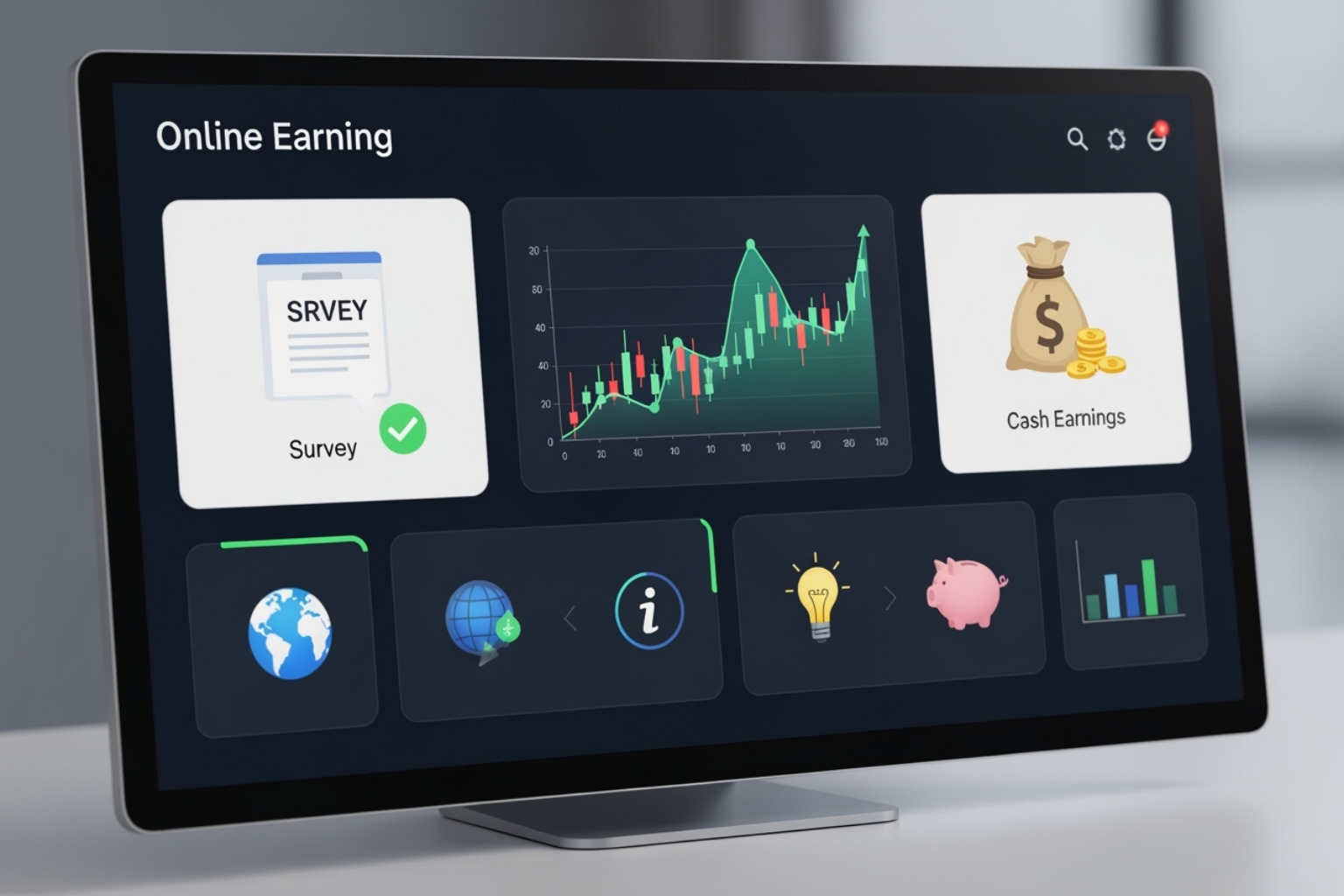 Conceptual dashboard showing various earning tasks like surveys and investments -  money6x.com earning